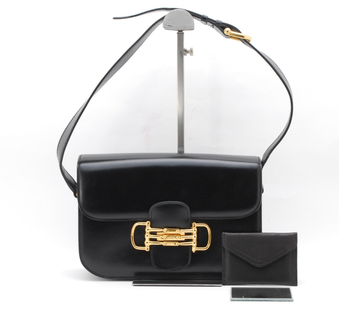 CELINE Horsebit Handbag Black Calf Leather