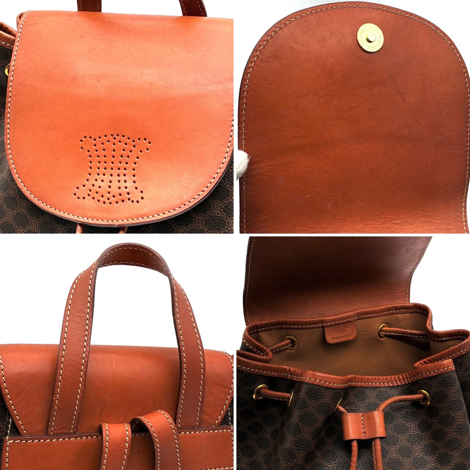 CELINE Macadam Triomphe Punching Backpack Brown PVC Leather Drawstring Bag Italy