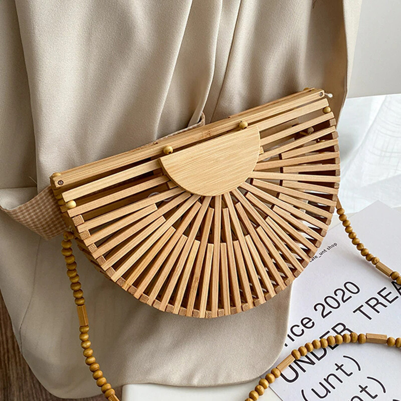 Handmade Luxury women shoulder bag semicircle bamboo woven Mobile Phone Wallet