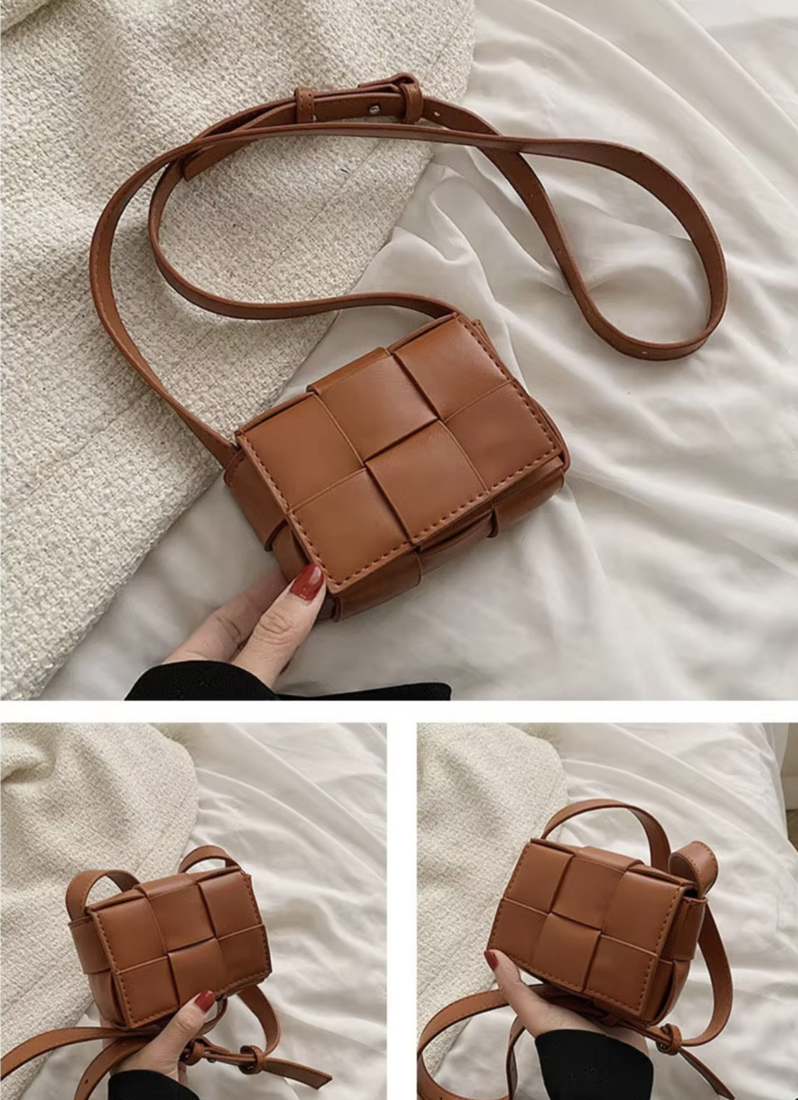 NEW Mini Square Braided Cassette Style Bag,Woven Crossbody Shoulder Purse, Brown