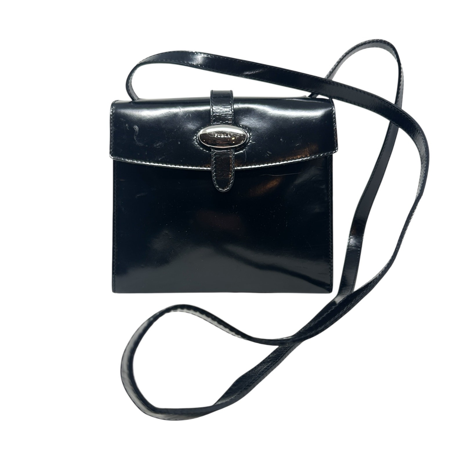 Furla Vintage Shoulder Bag Purse PVC Vinyl Silver Buckle Black