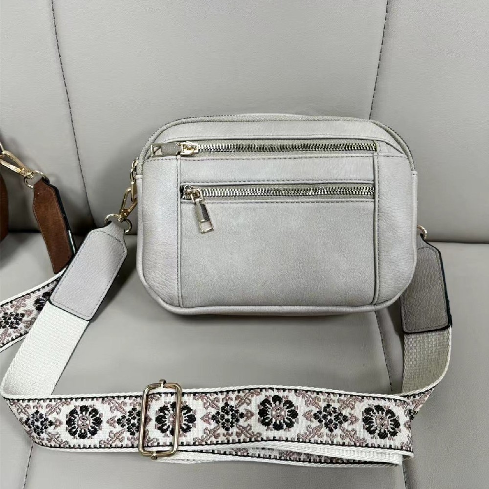 Triple-zipper Shoulder Bag With Floral Embroidered Straps Fashion Colorblock Mul
