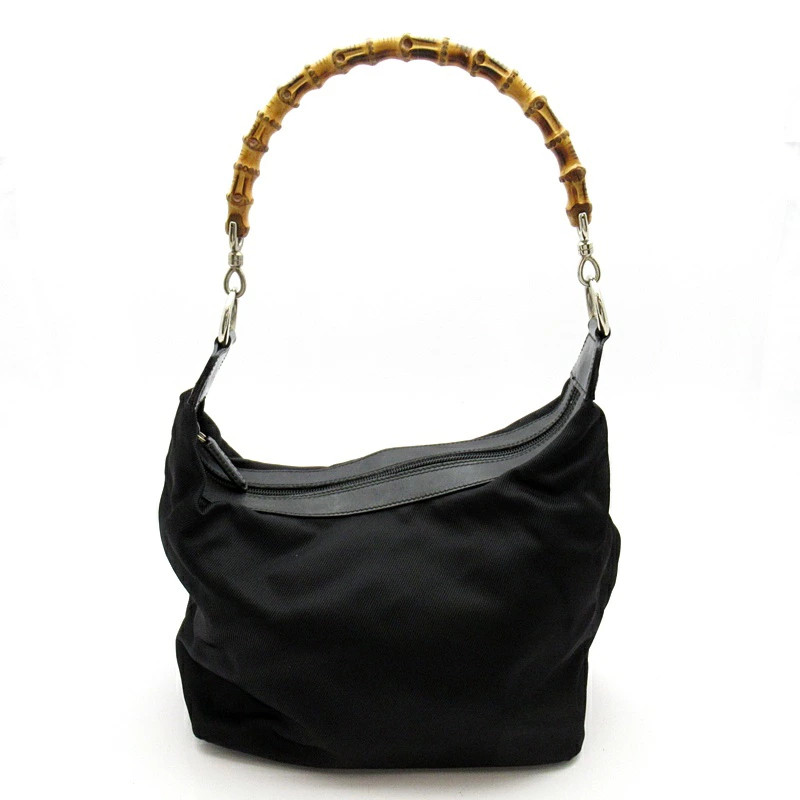 Gucci Bamboo Handbag Nylon/Leather Black 7.8in Strap B Rank