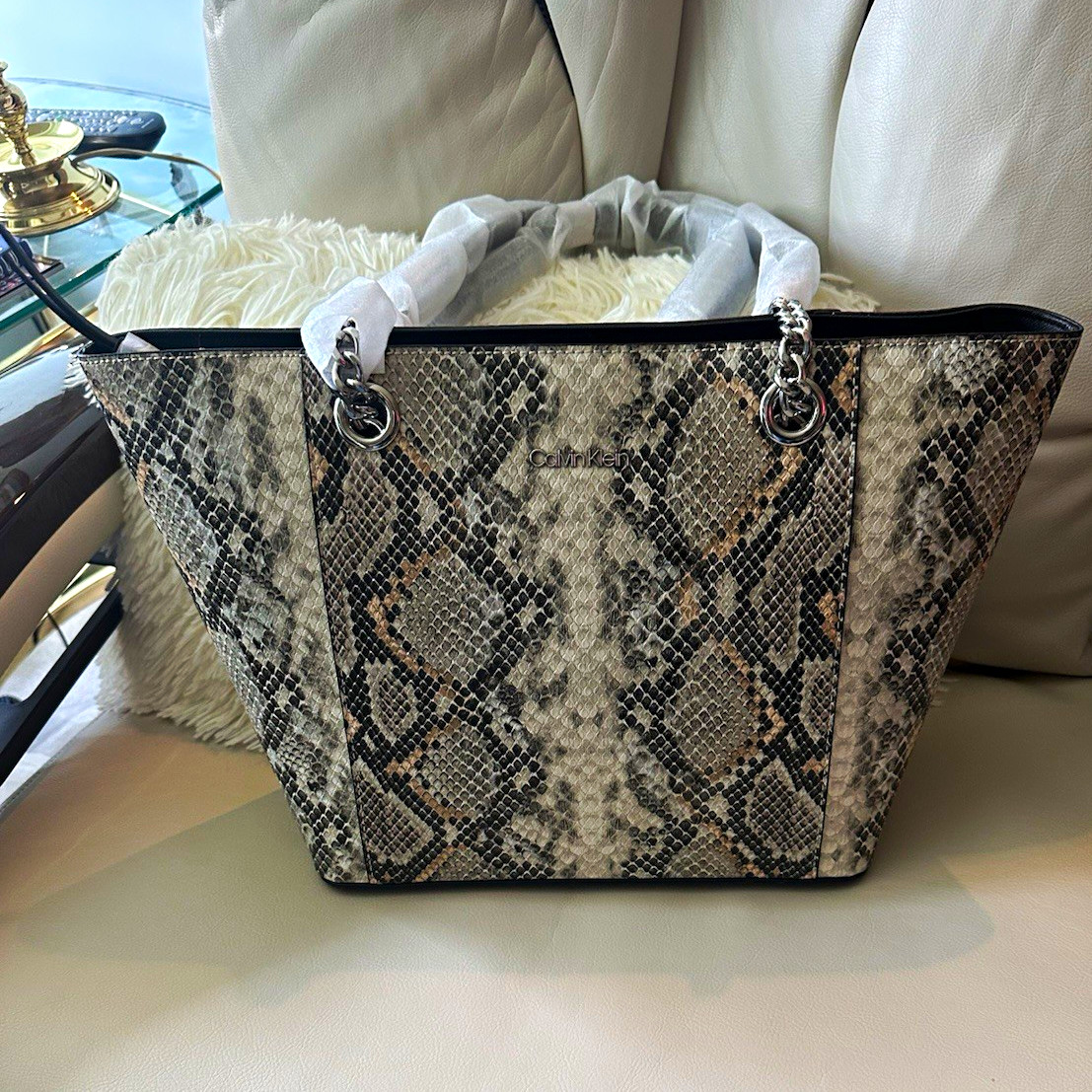 Calvin Klein Gray Black Snake Animal Print Tote Zip Chain Shoulder Strap Pockets