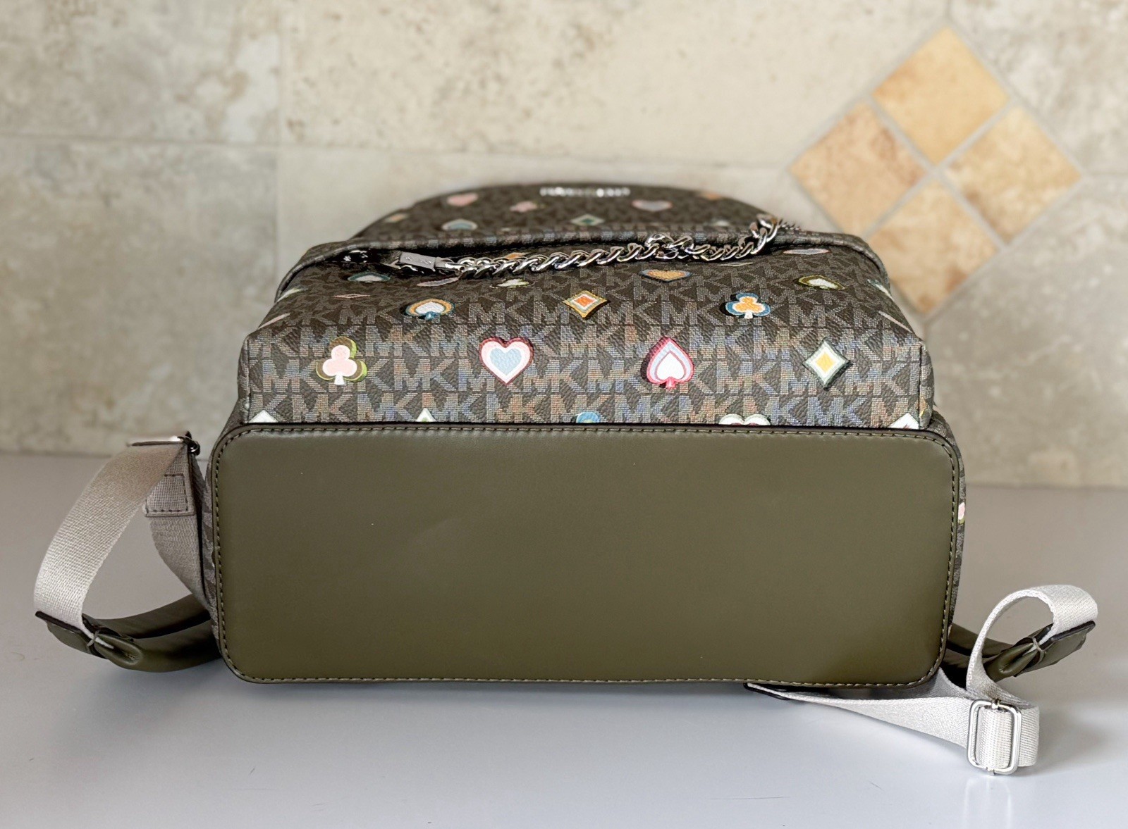Michael Kors Slater Medium Chain Backpack MK Hearts Spades Diamonds Clubs Olive