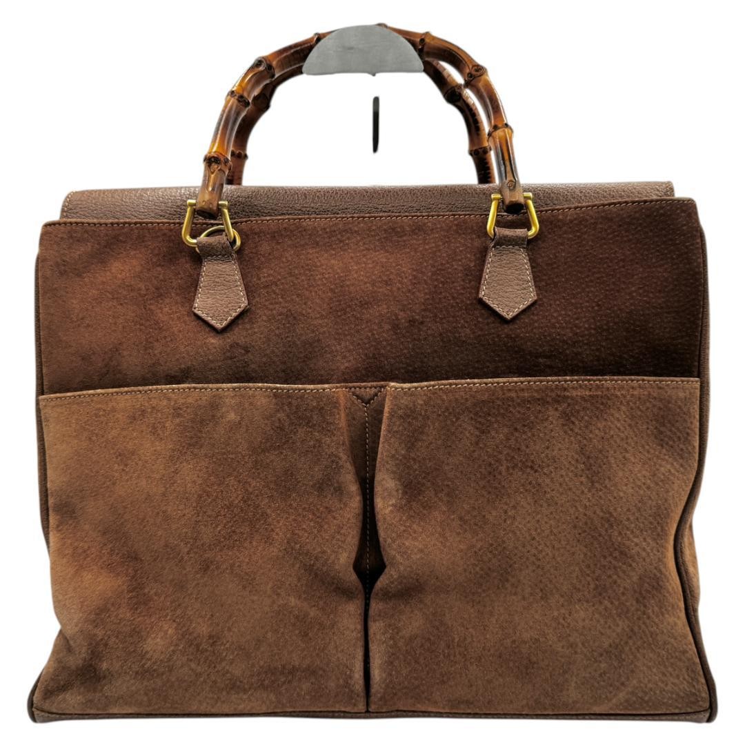 GUCCI Suede Leather Tote Bag Bamboo Handle Brown Large Capacity Pocket Authentic