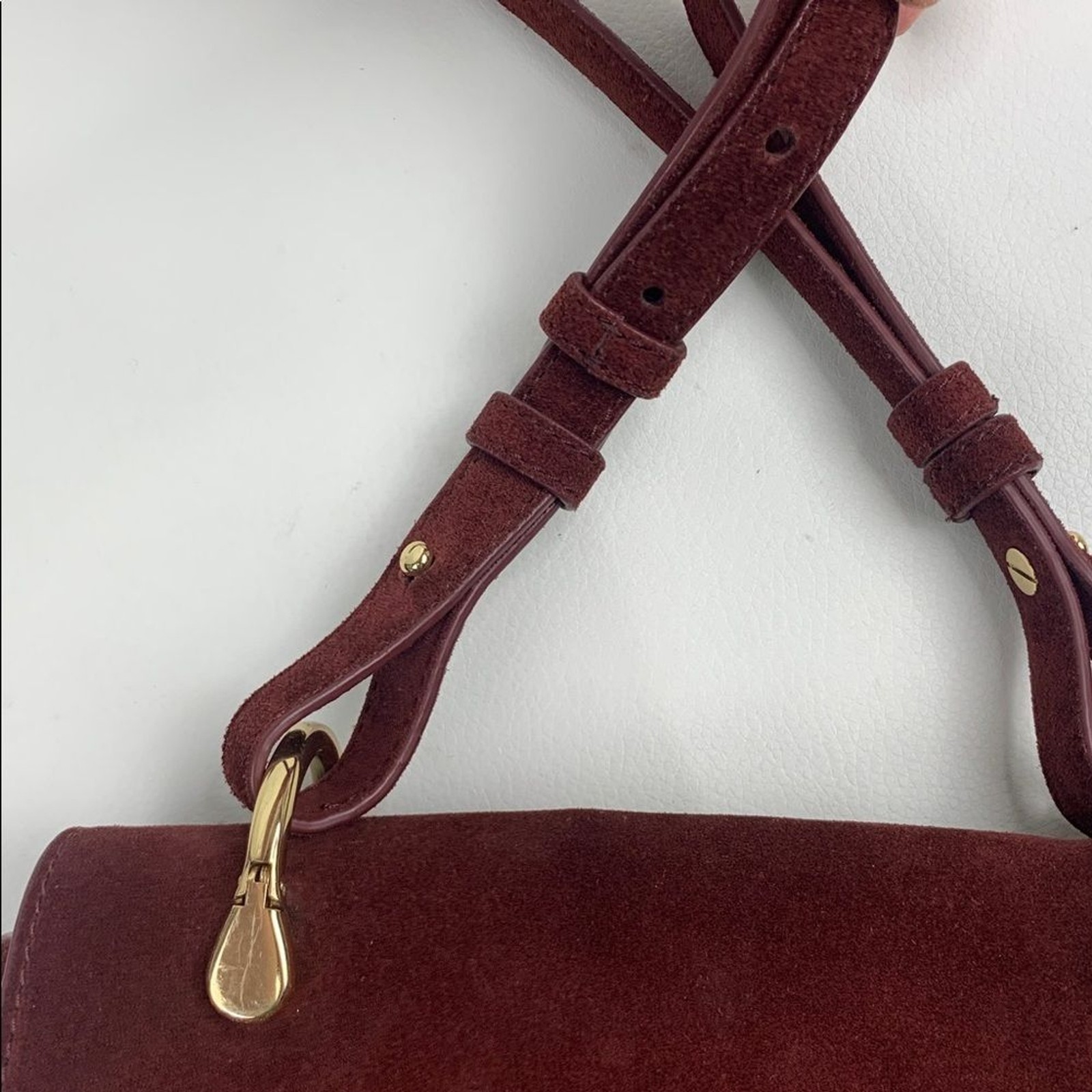 Elizabeth & James Leather Suede Crossbody Bag in Deep Burgundy Gold accent Lined