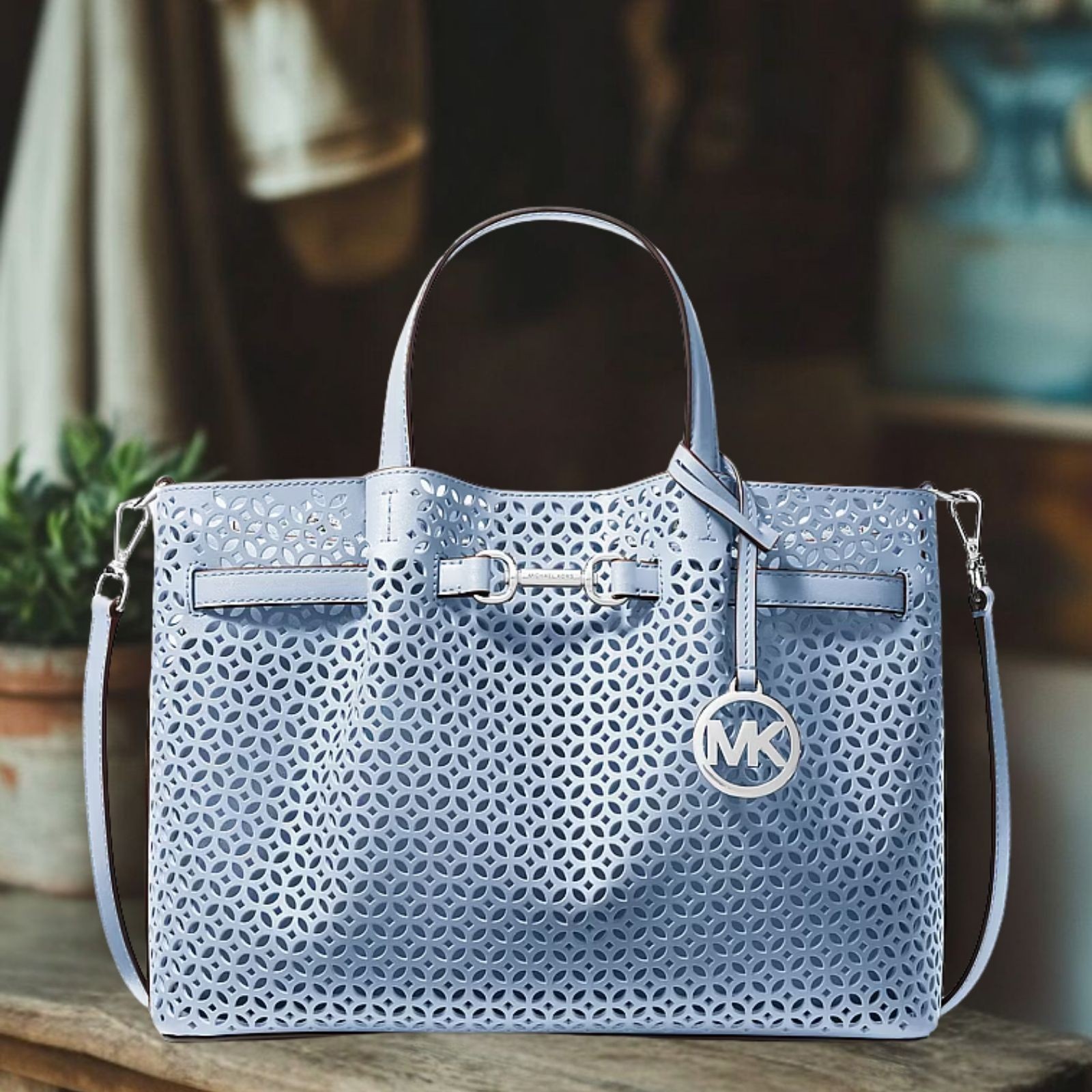 Michael Kors Carson Women Medium PU Blend Floral Laser Cut Satchel Bag Handbag