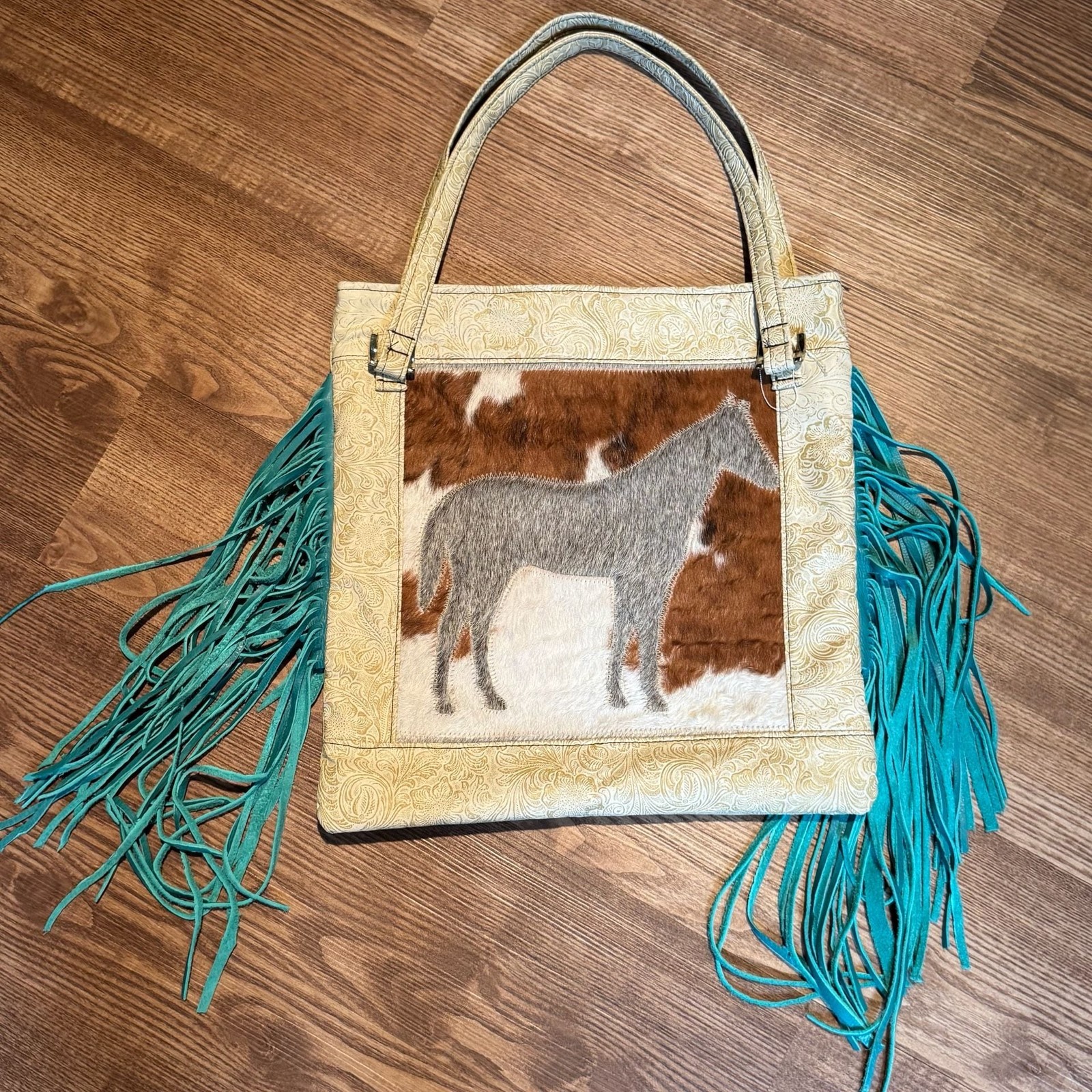 Western Cowhide Horse Tote Bag Tooled Leather Turquoise Fringe Purse 14”