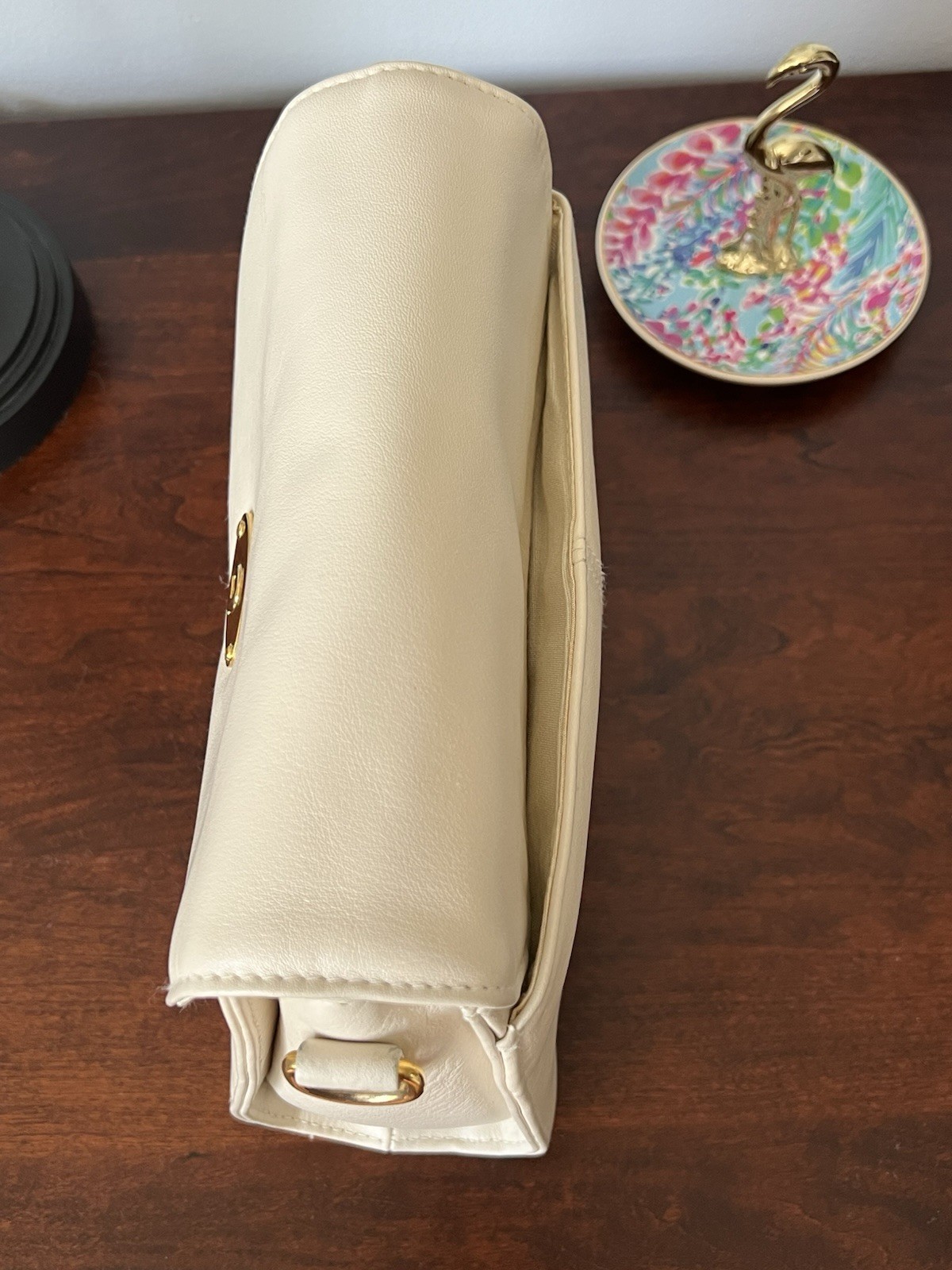 Etienne Aigner Leather Ivory Handbag with Crossbody Adustable Strap Gold Accents