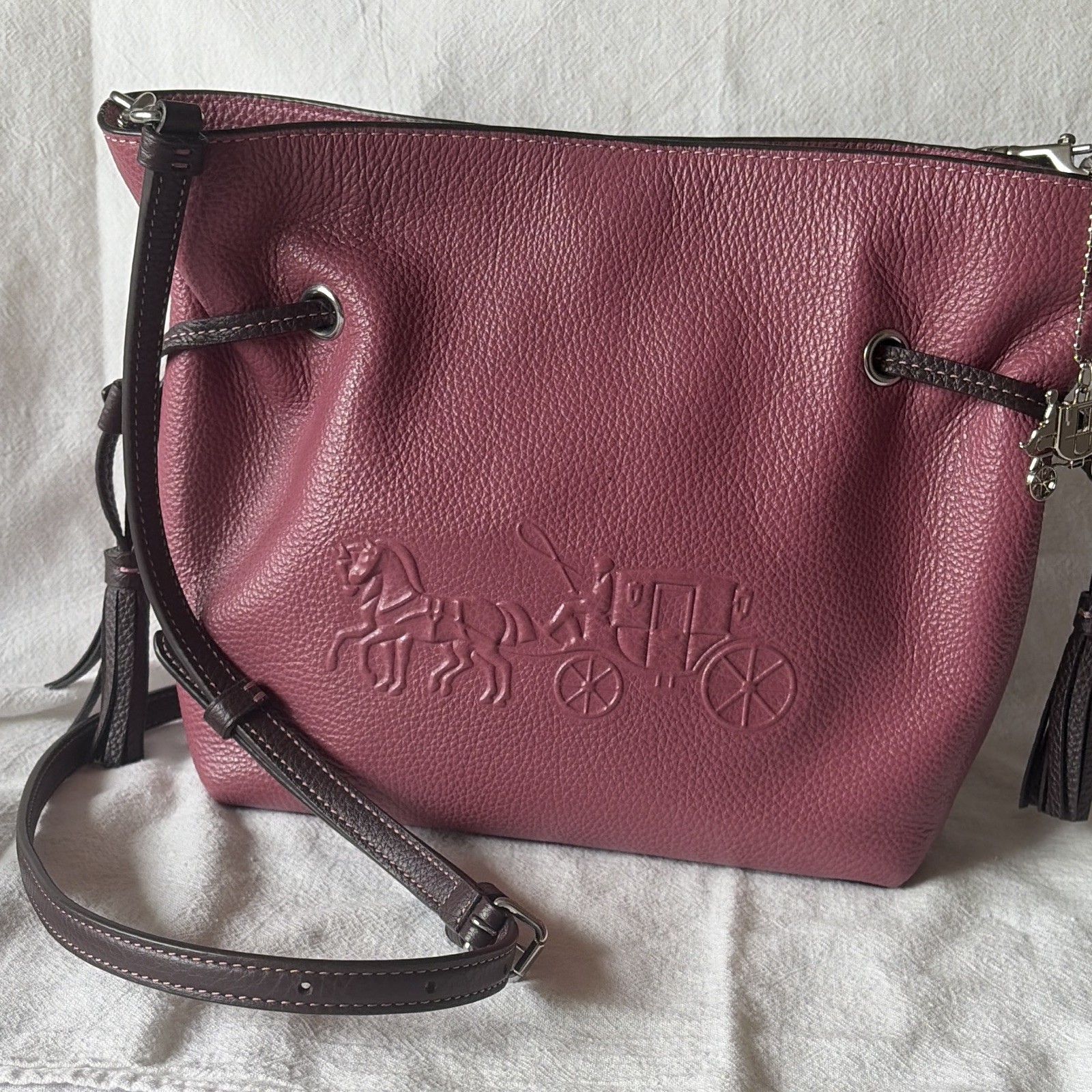 Coach Burgundy Pebbled Drawstring Crossbody Bag Tassel Charm