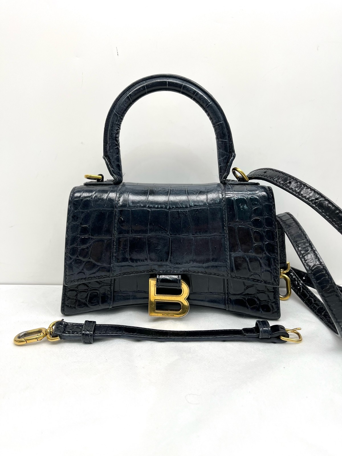 Authentic Balenciaga Crocodile-embossed Calfskin Top Handle Bag Black Gold-Tone