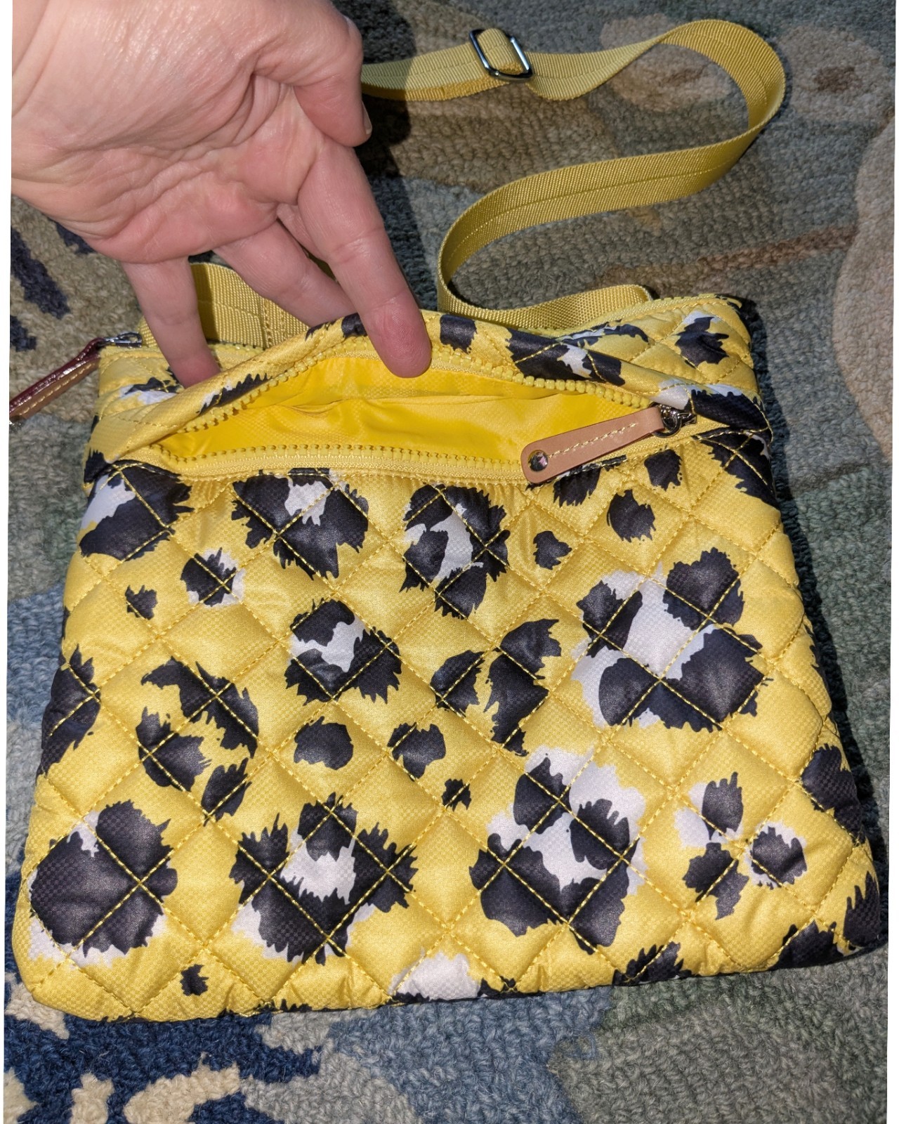 MZ WALLACE Rec Metro Flat Quilted Nylon Crossbody Yellow Leopard NEW