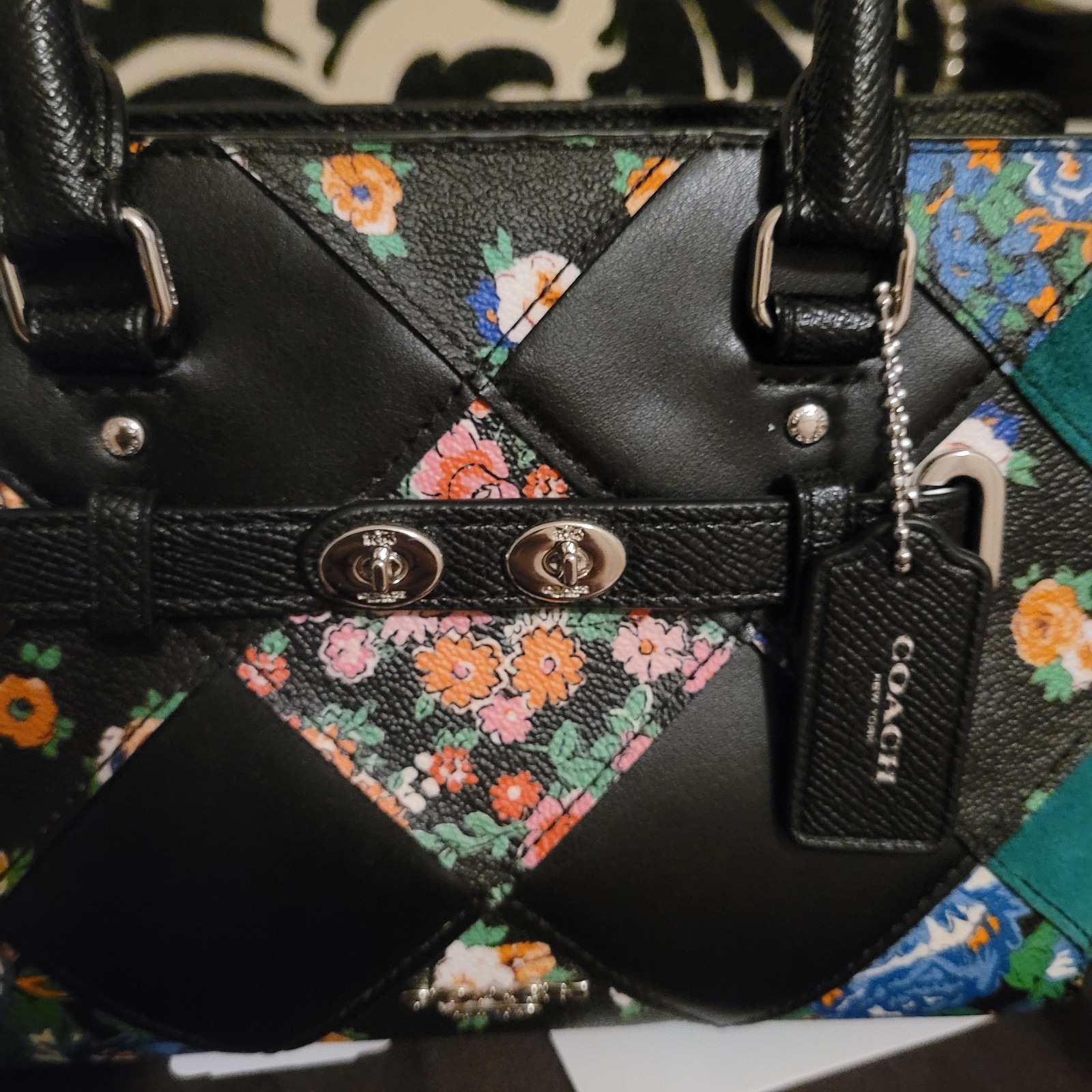 COACH Swagger Green, Black & Floral Patchwork Leather Satchel/Shoulder Bag NWOT