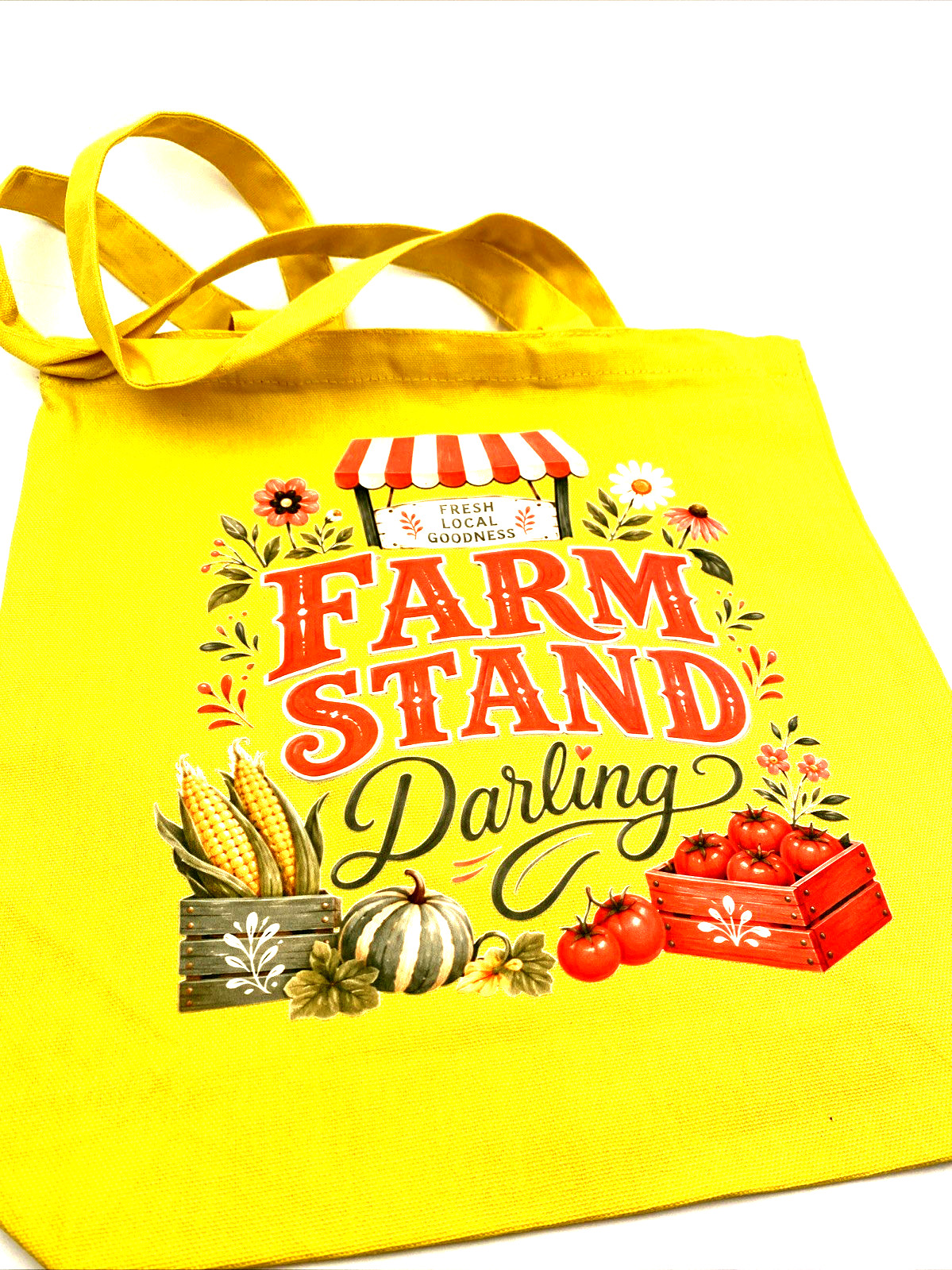 Farm Stand Tote Bag Yellow Graphic Cotton Canvas Carry Handle 13.5 x 13.5