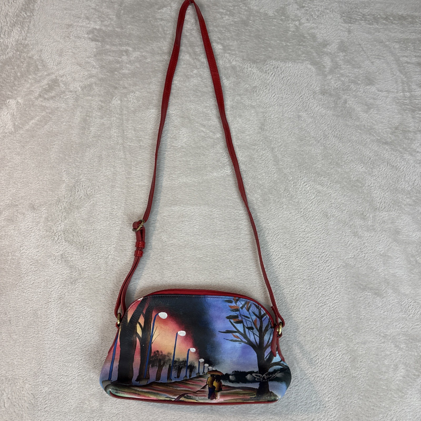 Sharif Hand Painted Leather Handbag Purse Japan Scene Boho Cottage Coastal Art