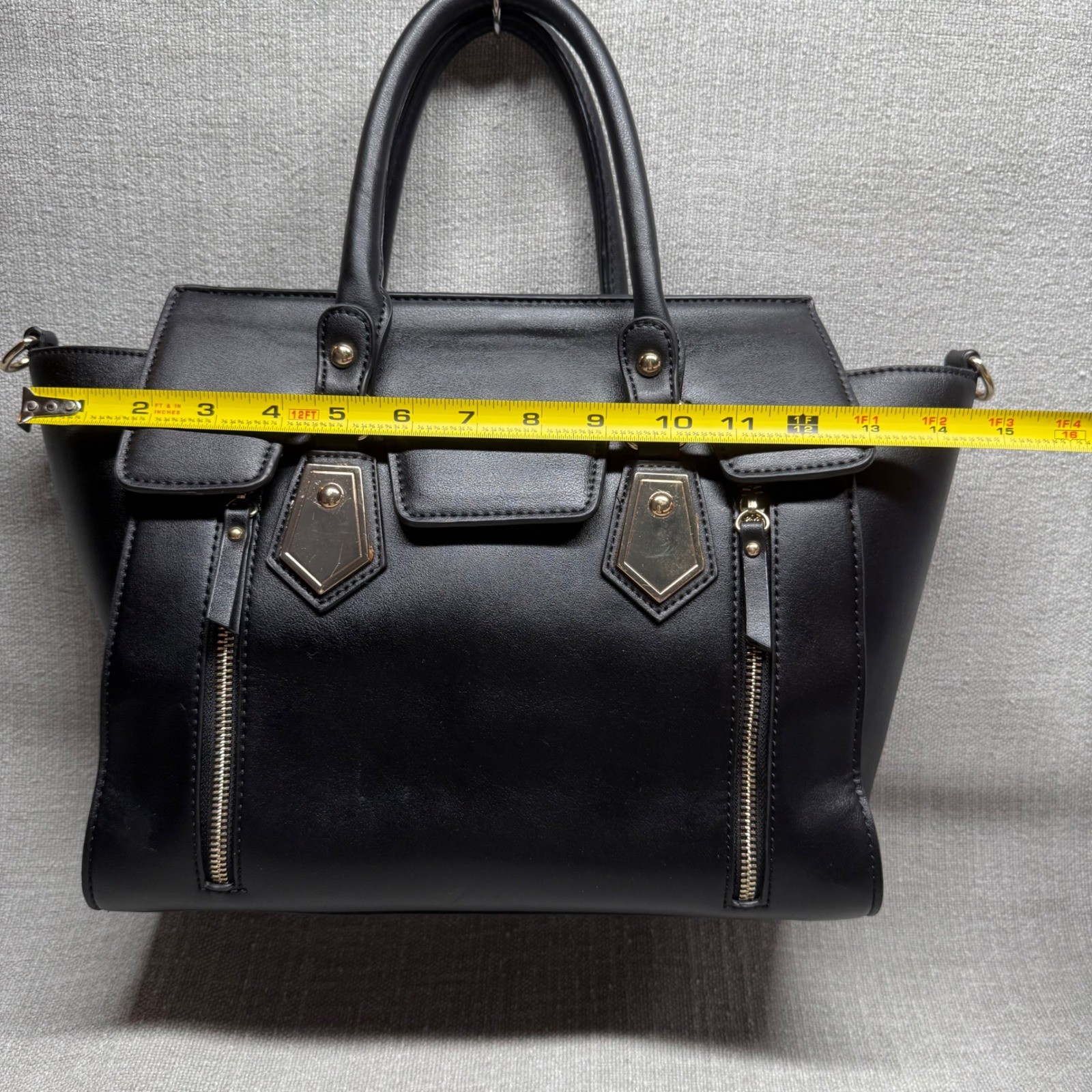 Black Faux Leather Satchel Handbag Large Tote Purse Gold Hardware Edgy Workwear