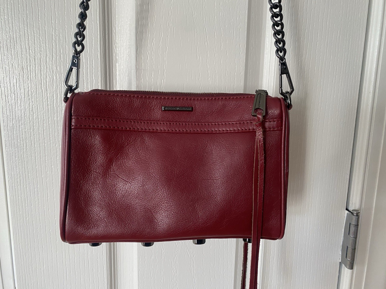Rebecca Minkoff mini Mac Red Crossbody Bag Chain Strap Studded Accents Tassel