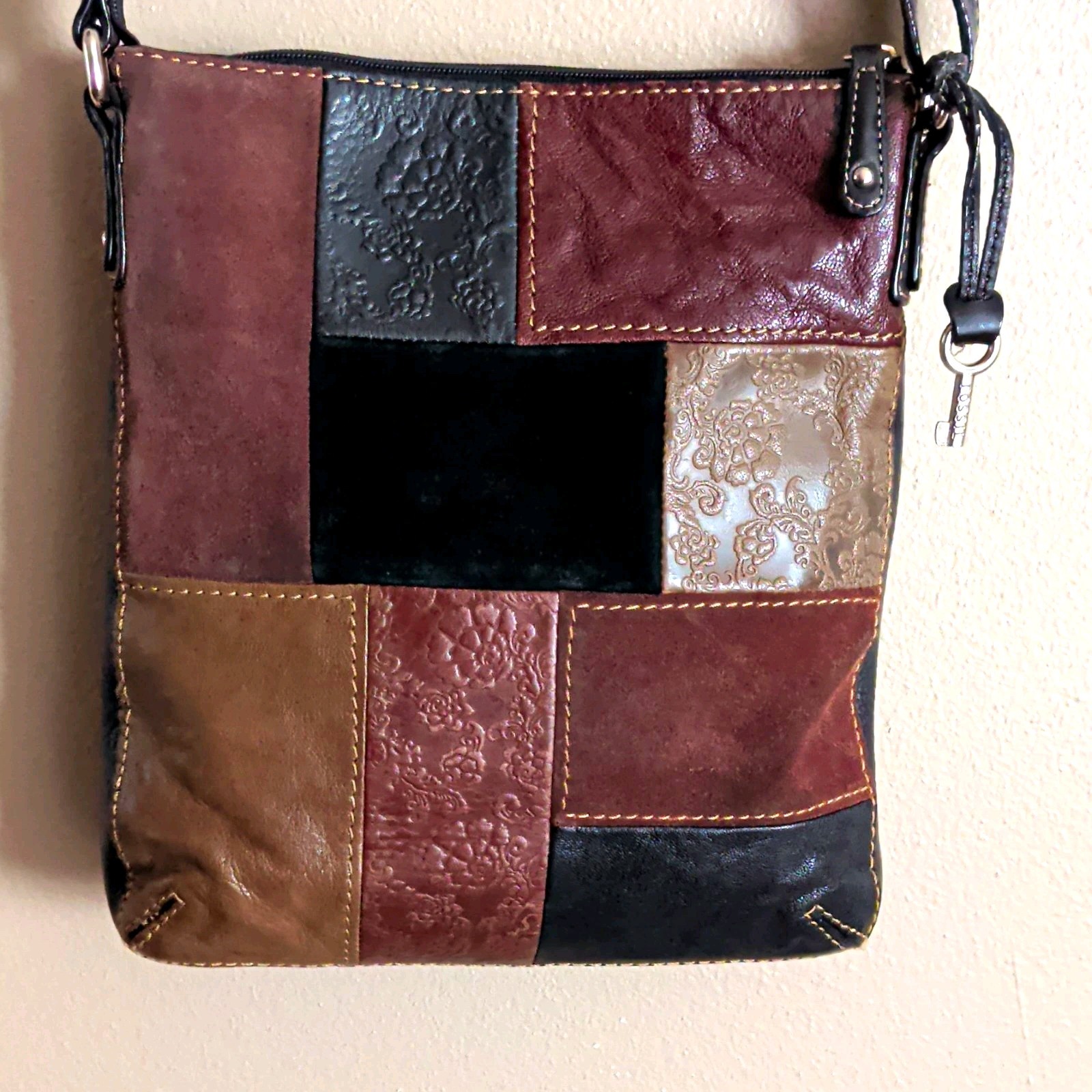 Y2K 2006 Fossil Patchwork Crossbody Bag Brown/Black Leather And Suede