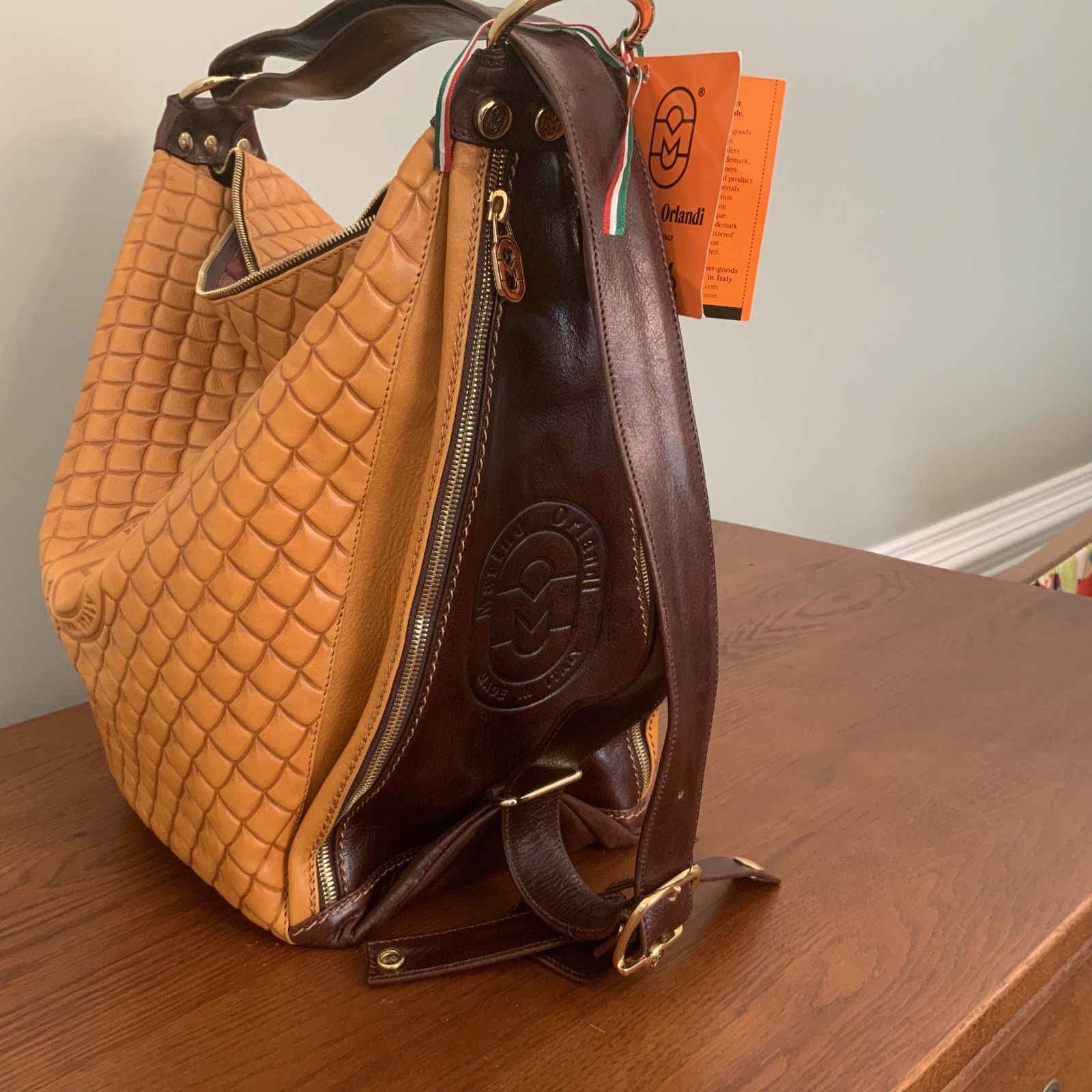 MARINO ORLANDI SADDLE BROWN ITALIAN DESIGNER LARGE BACKPACK SLING BAG NEW