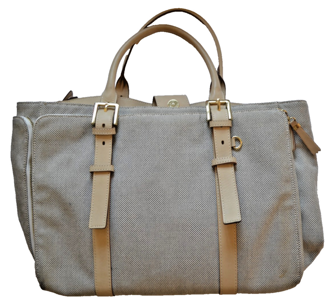 India Hicks Duchess of Windsor Canvas Leather Tote Beige Plaid Laptop Bag