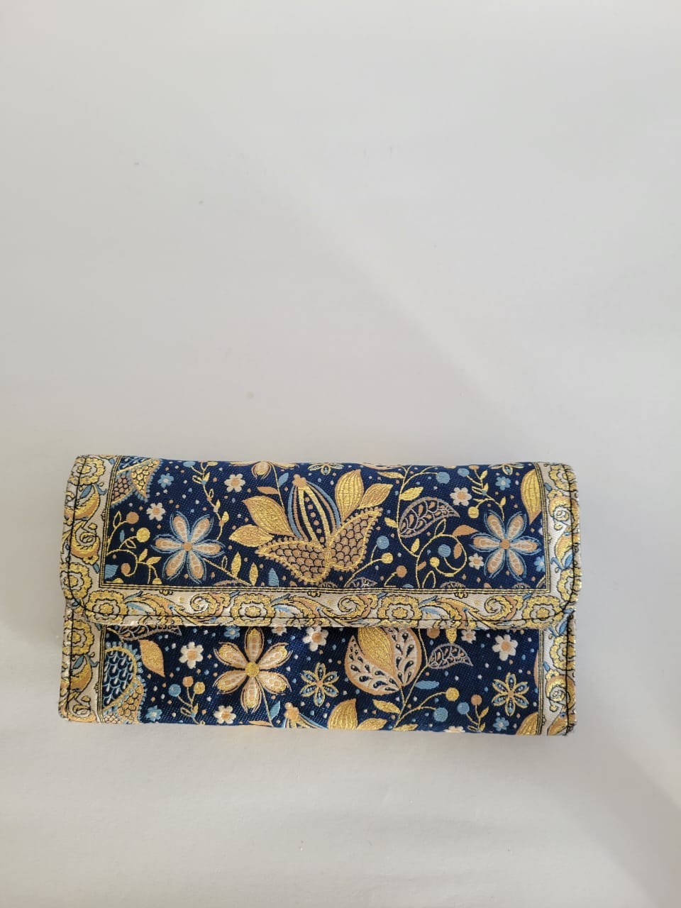 Turkish Brocade Clutch Wallet Vintage Blue Gold Floral Jacquard Fabric Purse Bag