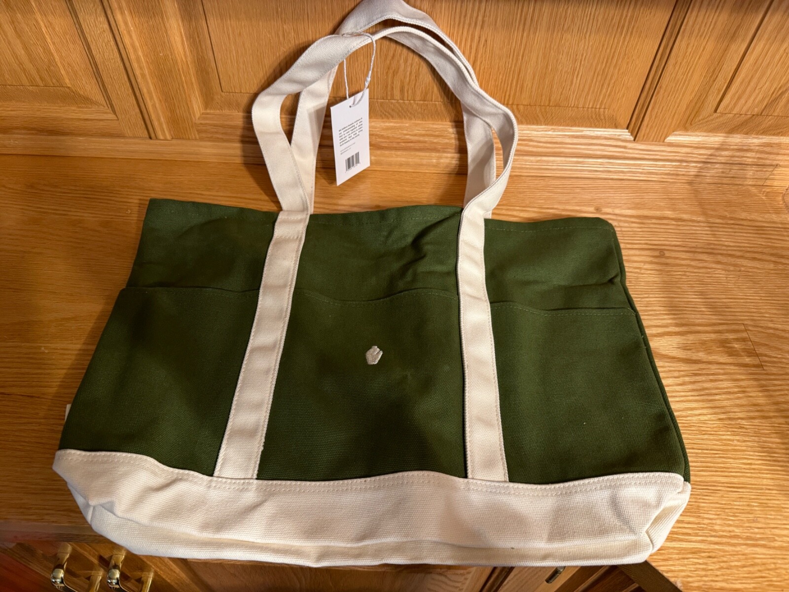 Alabaster 3 Panel Tote Bag Green & Cream Colored 17.5 X 12 X 4 in 10 in Handle