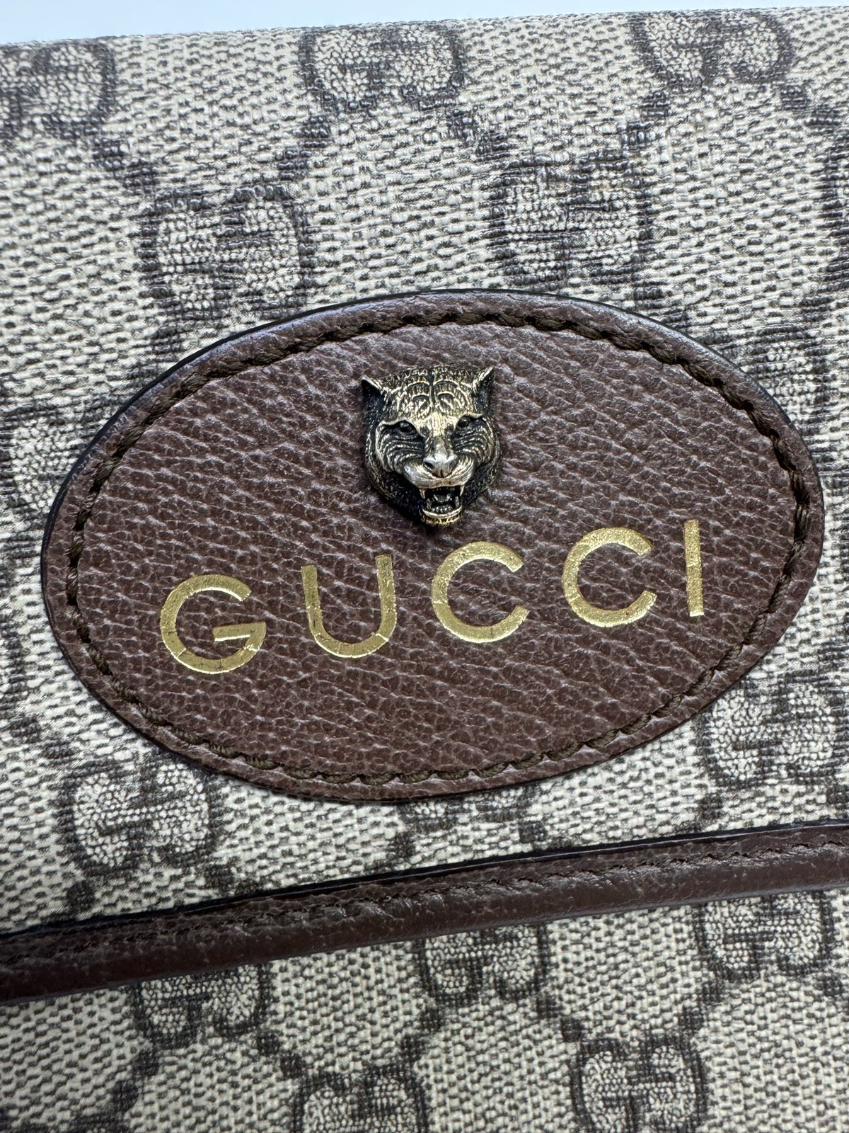 Gucci Neo Vintage GG Supreme Tiger Head Belt Bag Web Strap Beige Ebony Crossbody