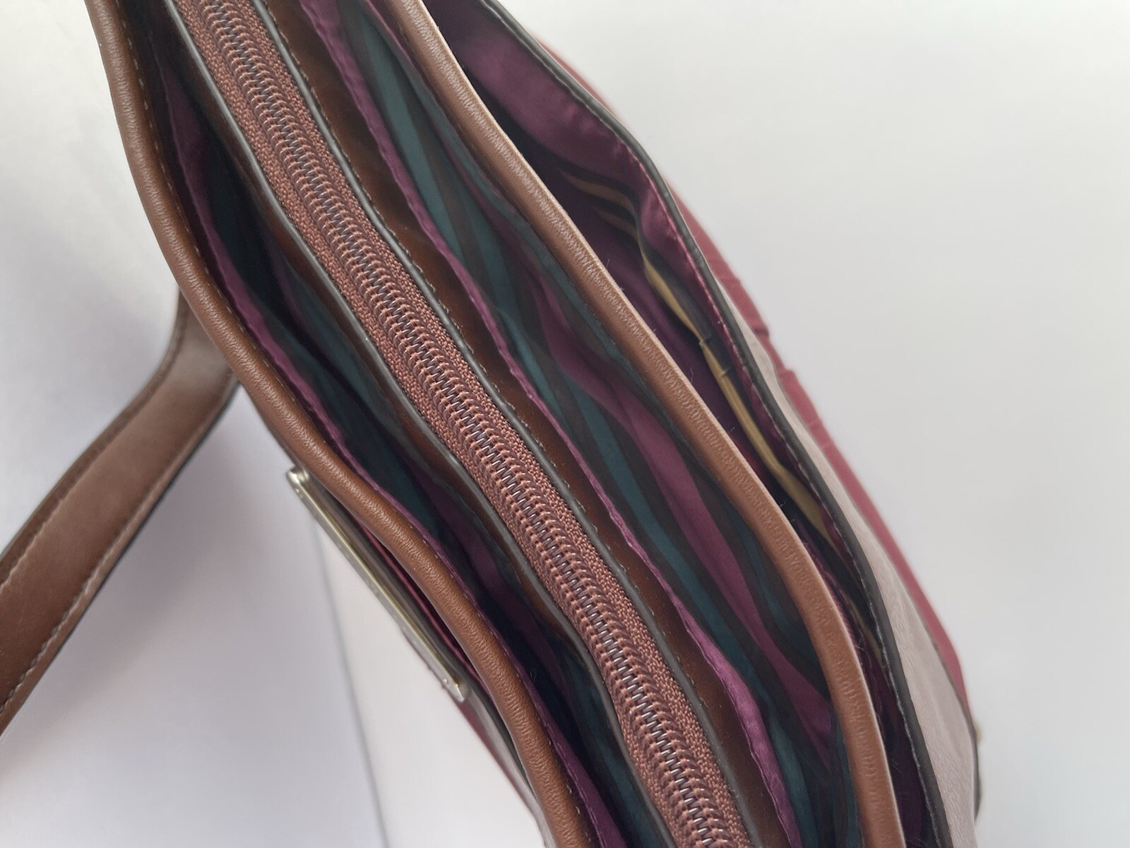 Etienne Aigner Handbag Shoulder Purse Fabric Maroon Wine Red Brown Trim
