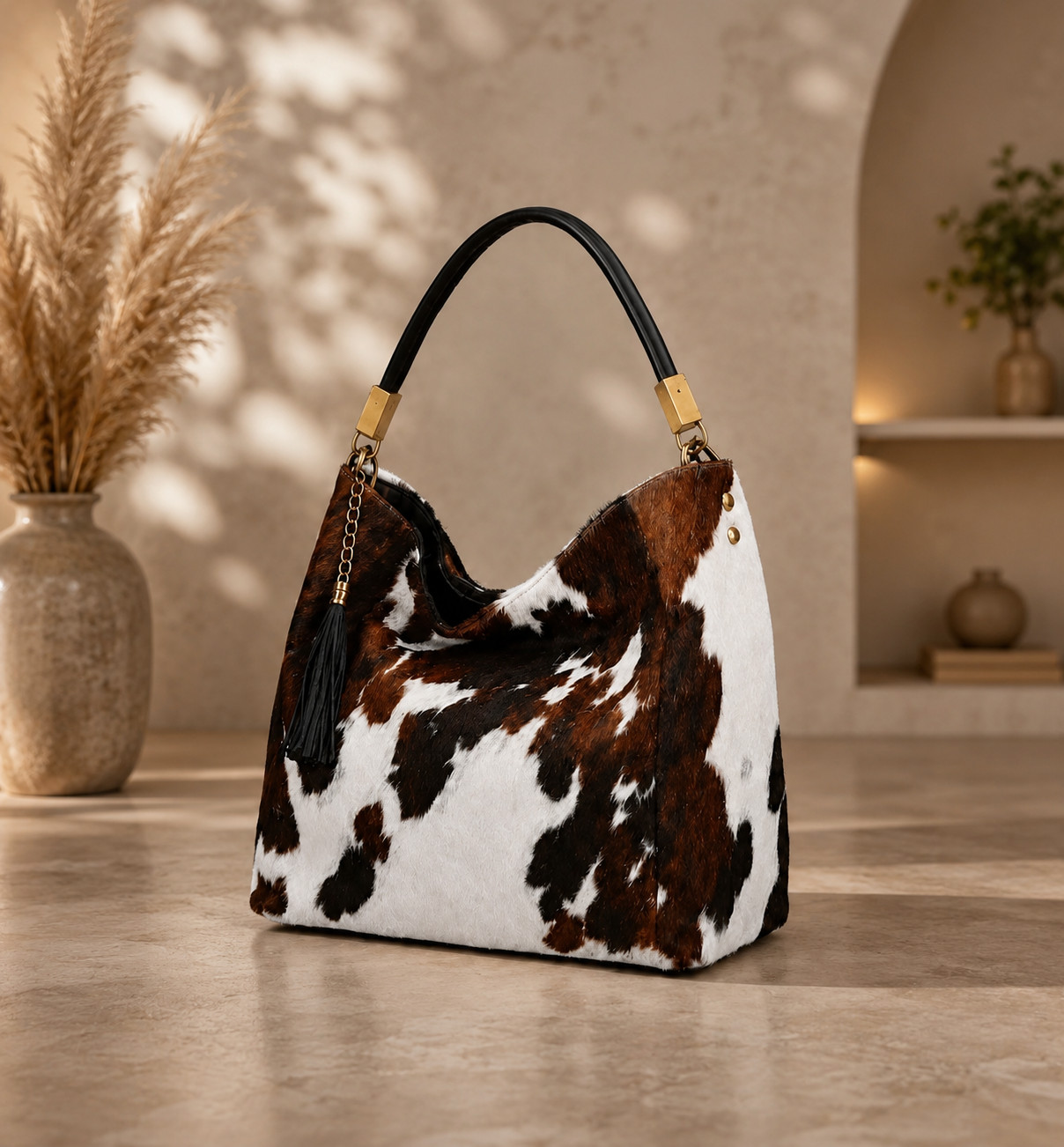 Handmade Genuine Cowhide Leather Hair-On Tote Bag | Western Shoulder Handbag