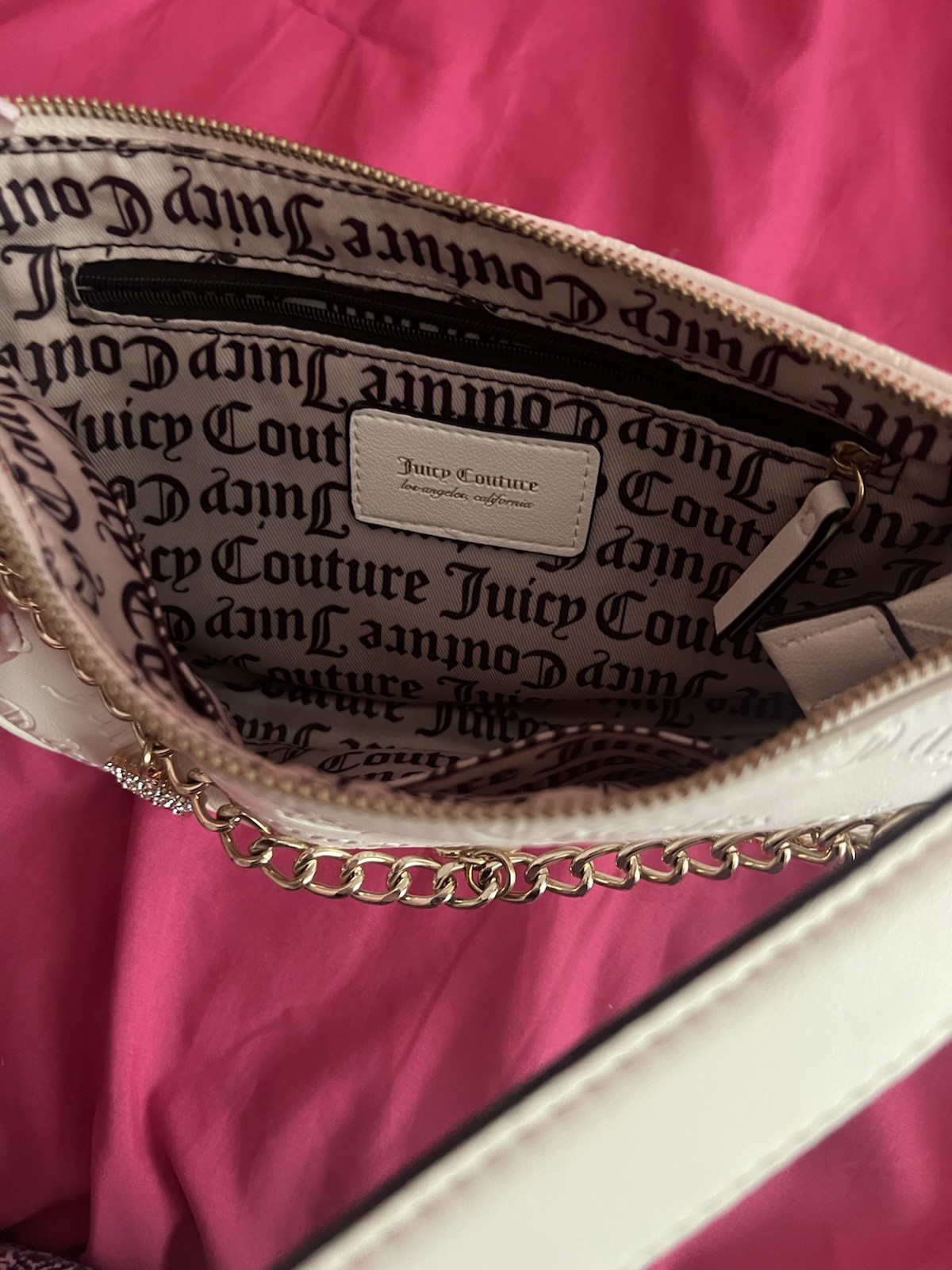 Juicy Couture White Shoulder Bag with Chain, Heart Charm, Logo Pattern