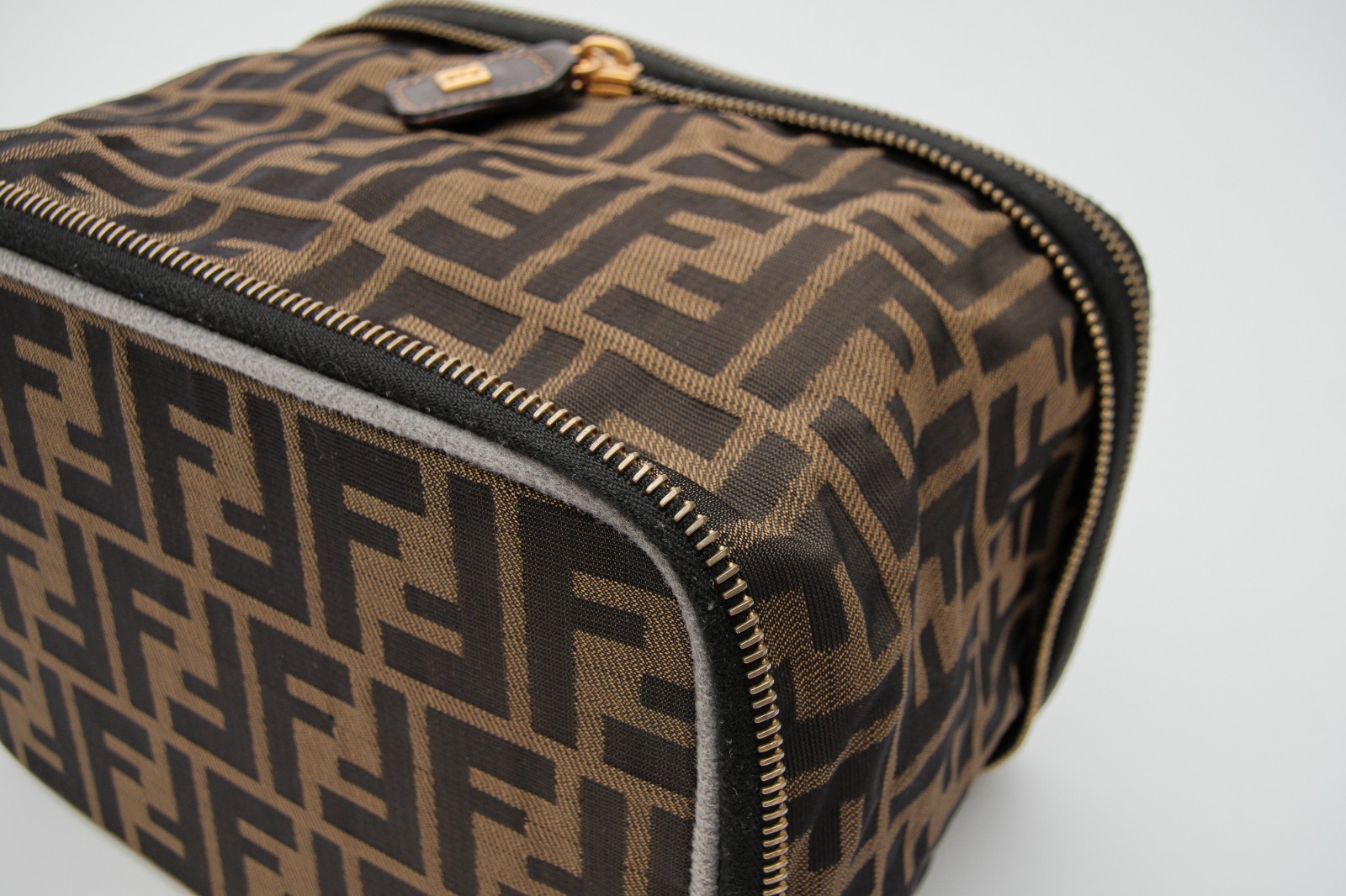 FENDI Zucca Vanity Hand Bag Purse Nylon Leather FF