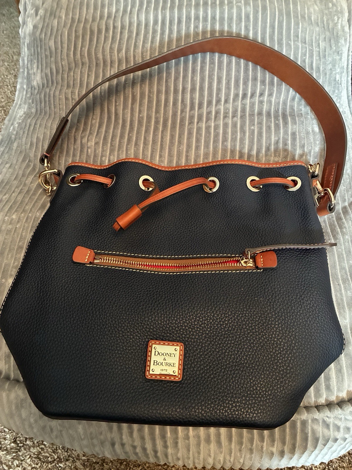 Dooney & Bourke Pebbled Drawstring Bucket Bag Blue/Brown, Gold HW, Red Lined
