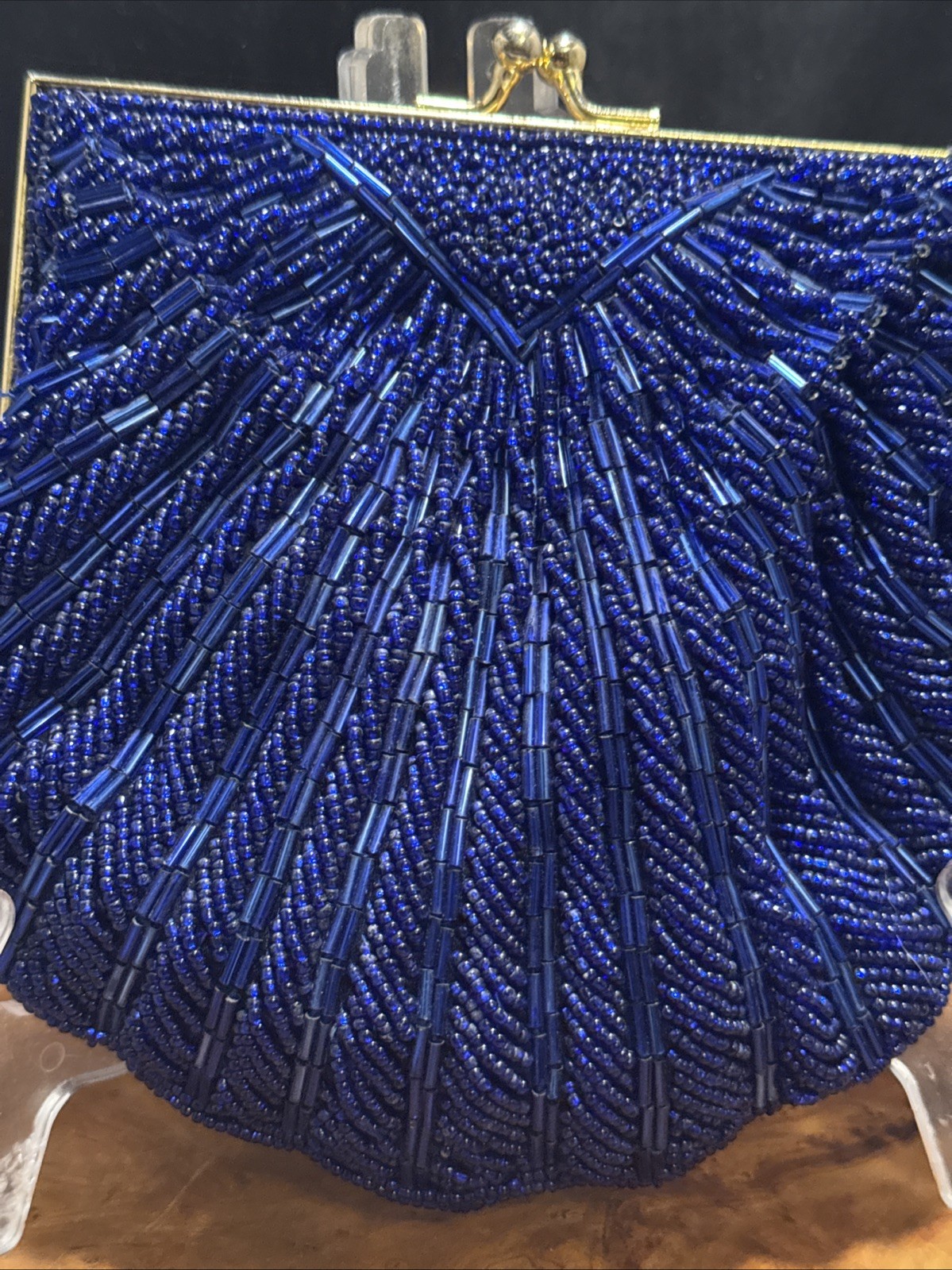 Andre Cellini Cobalt Blue Beaded Clamshell Evening Ladies Bag W. Snake Chain (Y