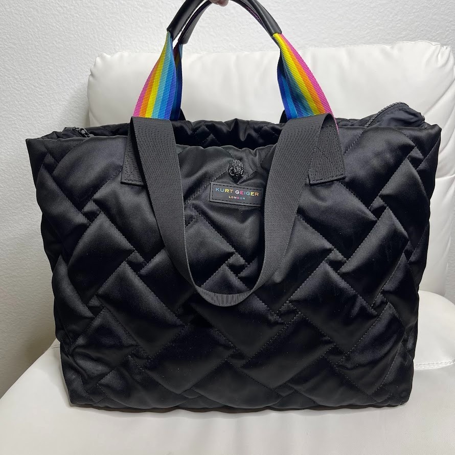 Kurt Geiger London Quilted Shopper Tote Kensington Nylon Black Rainbow Handles
