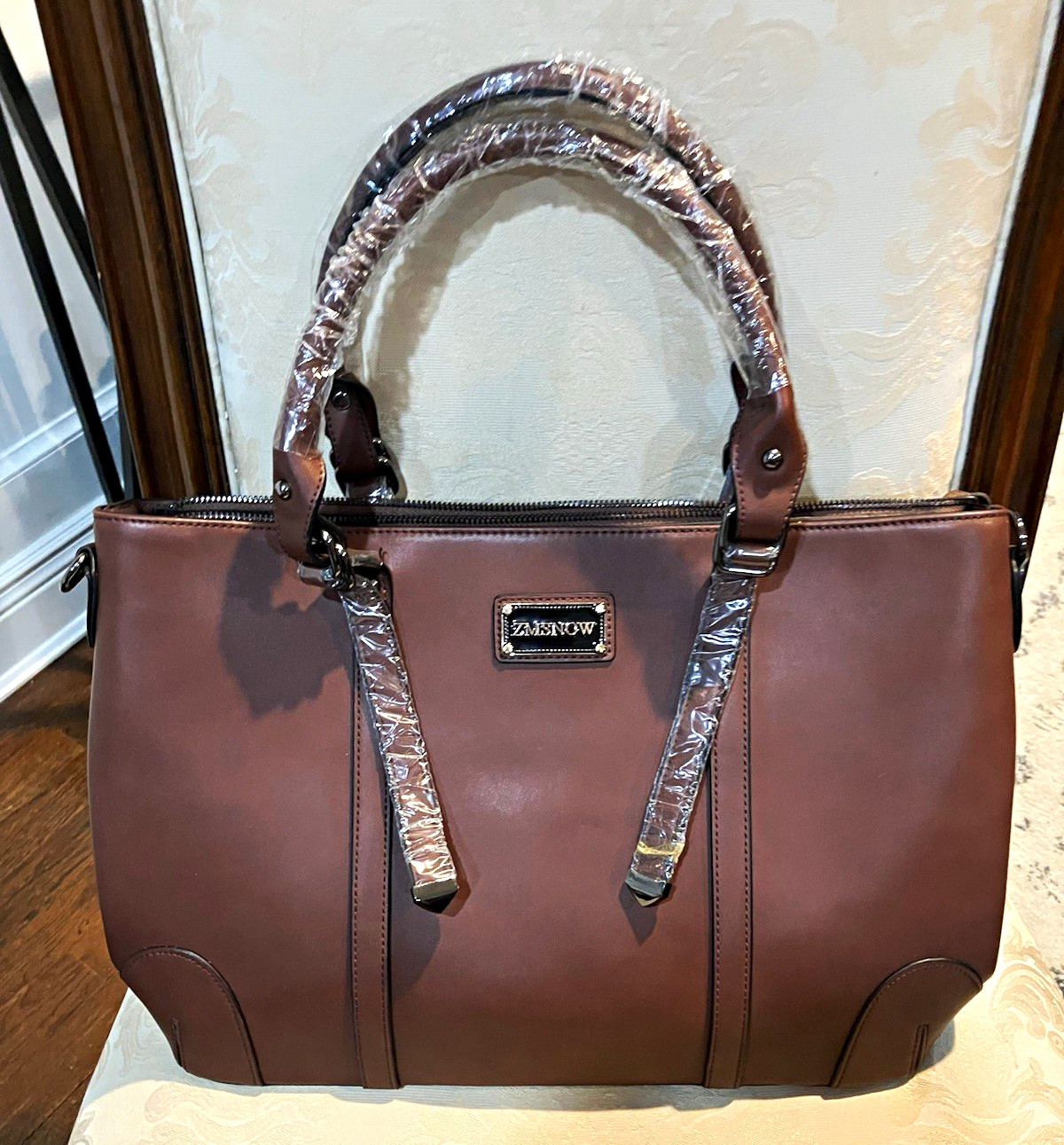 ZMNOW Brown Satchel Top Handle Bag Double Handles Zip w/ Detachable Strap