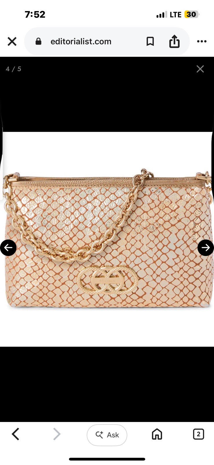 NWT Brahmin Lorelai Gold Metallic Snake Print Small Shoulder Bag Chain Strap