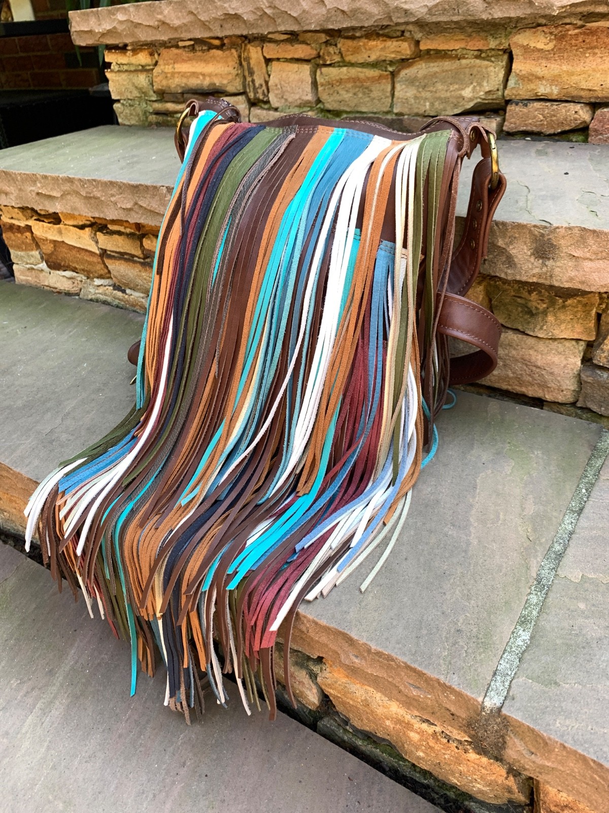 Brown leather rainbow festival boho Southwest LONG fringe crossbody bag USA