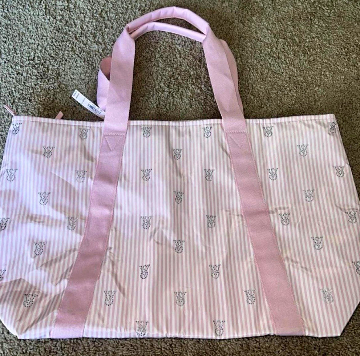 NWT Victoria’s Secret Pink/White Striped Rhinestone Logo Large Zip Tote Bag