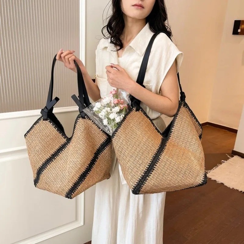 Woven Straw Tote Bag Geometric Raffia Beach Purse Boho Shoulder Handbag