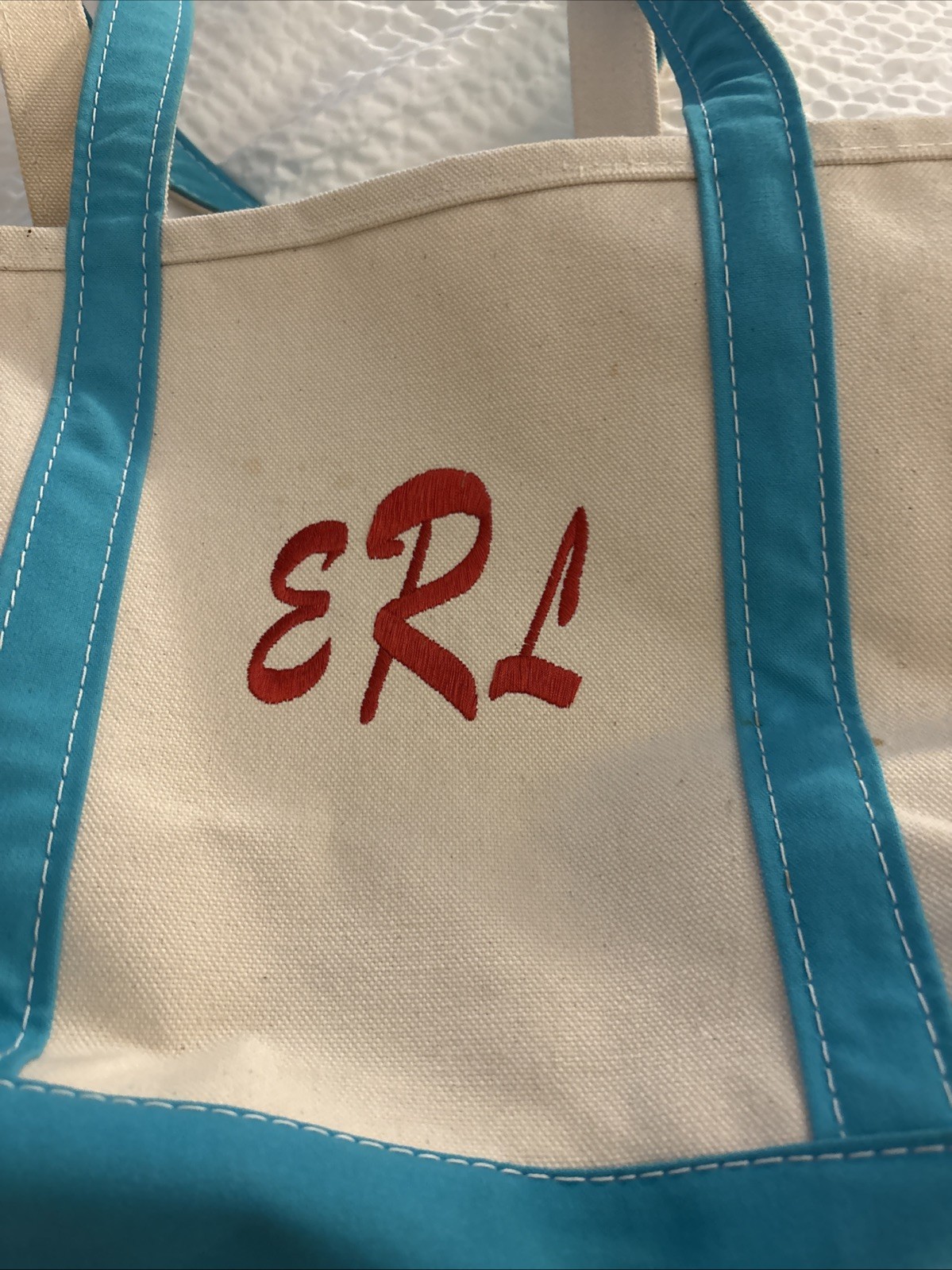Stiff LL Bean Boat and Tote Bag Blue Aqua Small Long Handles Embroidered “ERL” *