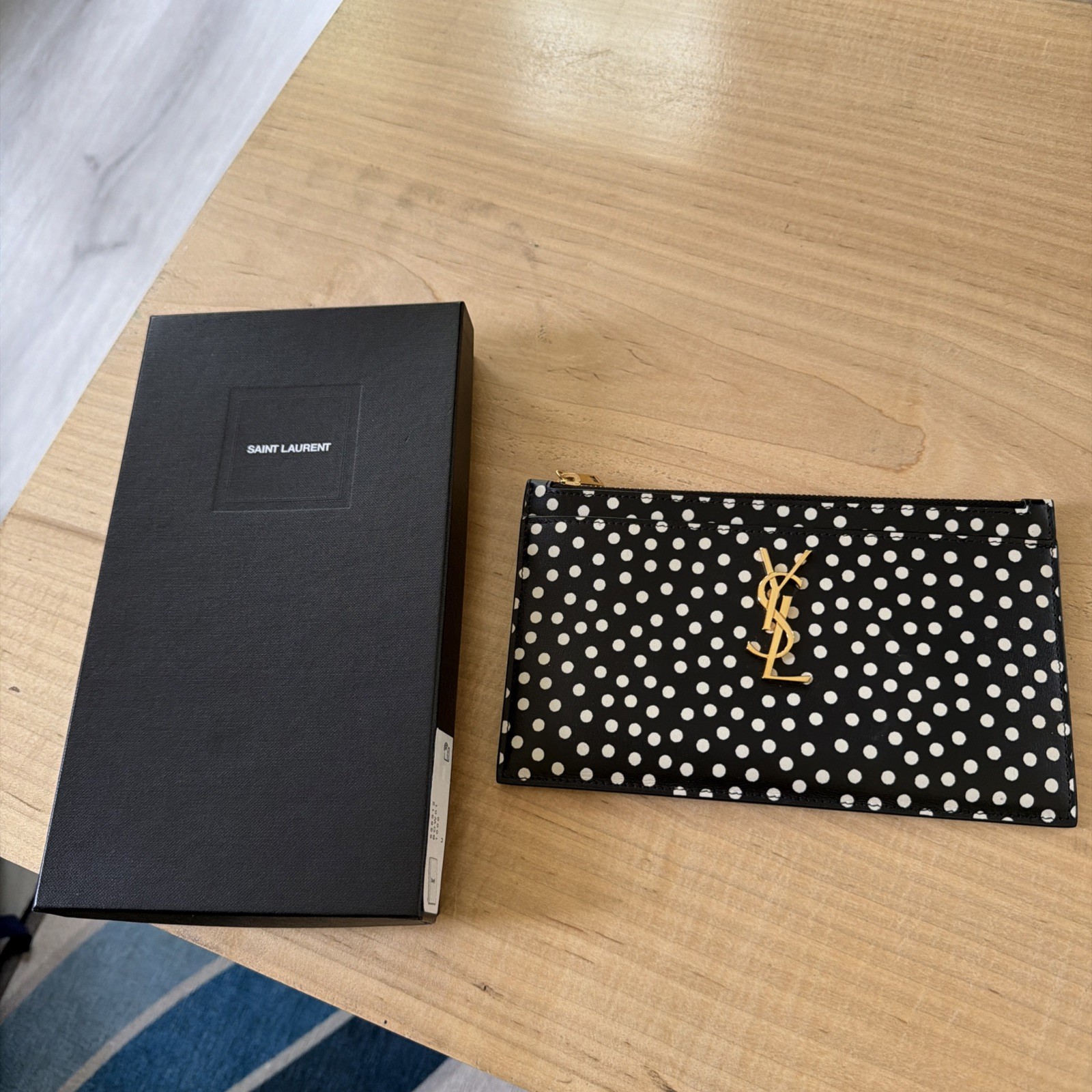 SAINT LAURENT WOMEN BLACK WHITE POLKA DOT LEATHER POUCH MONOGRAMME 1031