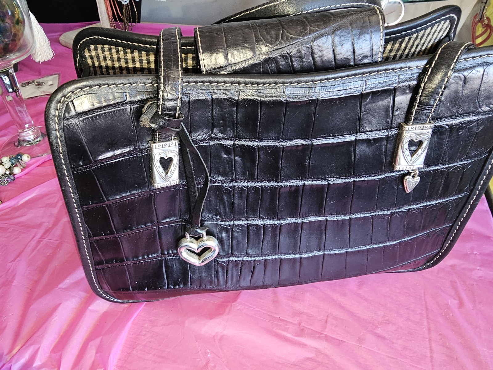 Brighton Black Croc Purse, double leather strap Snap closure