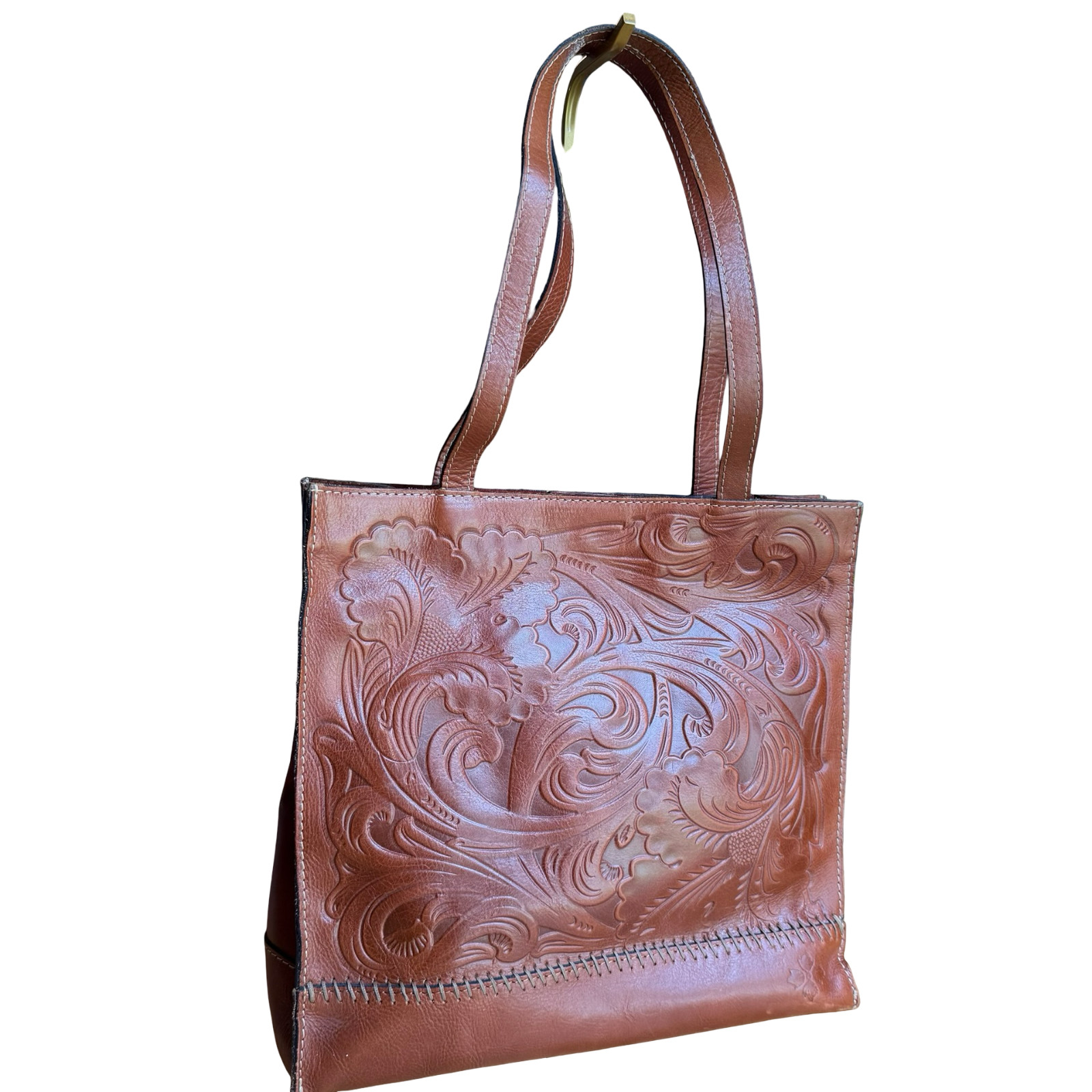 Patricia Nash Toscano Tooled Leather Tote Shoulder Bag Brown Handbag Purse 13×12