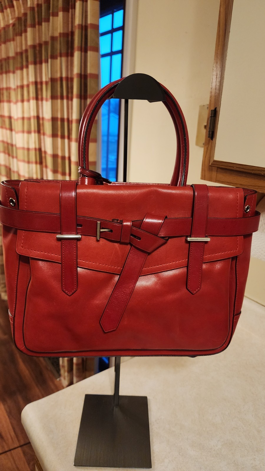 red leather Reed Krakoff Boxer Tote Bag, dual rolled handles & belt detailing.