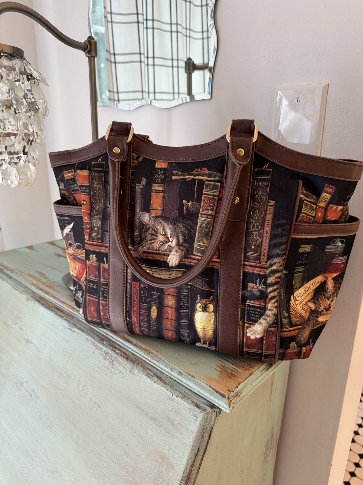 Bradford Exchange Cat & Books Print Tote, Zip Closure, Brown/Black, Pockets