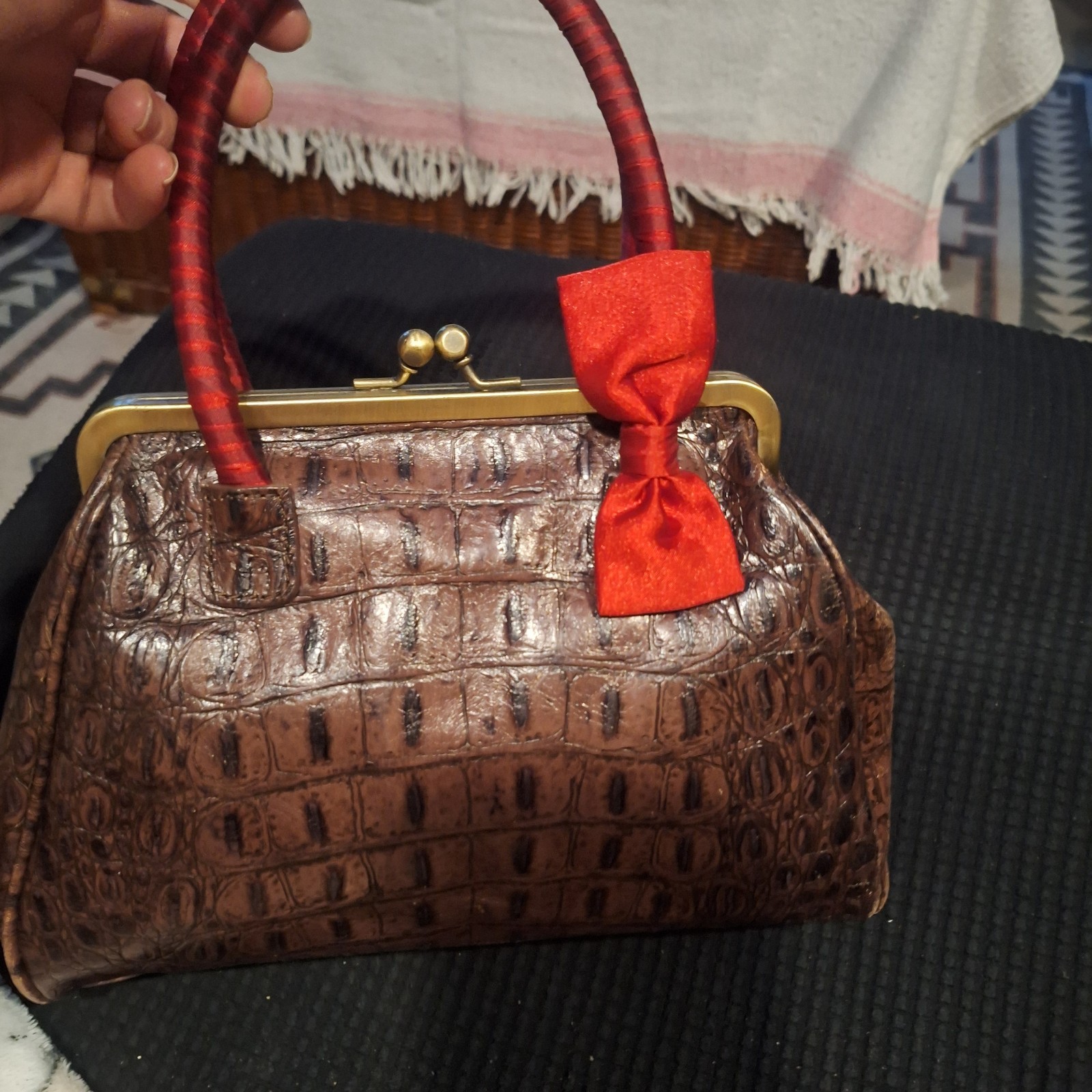 Crocodile Leather Frame Handbag W/ Kiss Lock Closure And Red Handle