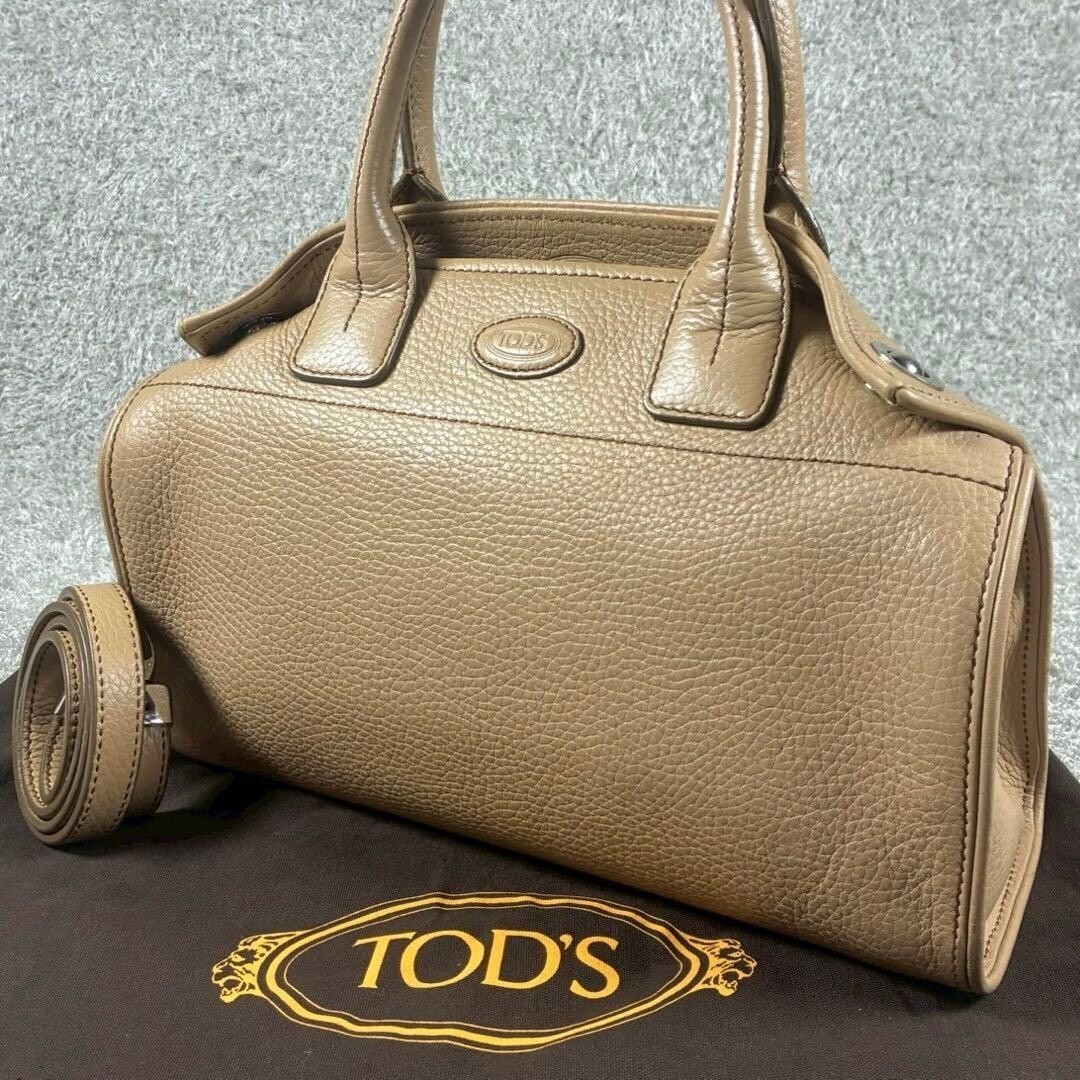 Tods Girelli Beige Pebbled Leather 2Way Tote Shoulder Bag Logo Plate Dust Bag
