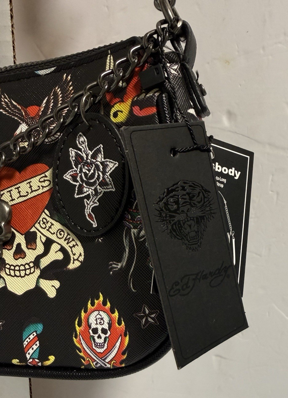 Ed Hardy Charmed Shoulder / Crossbody Bag – Hearts, Skulls, Tigers Tattoos NWT