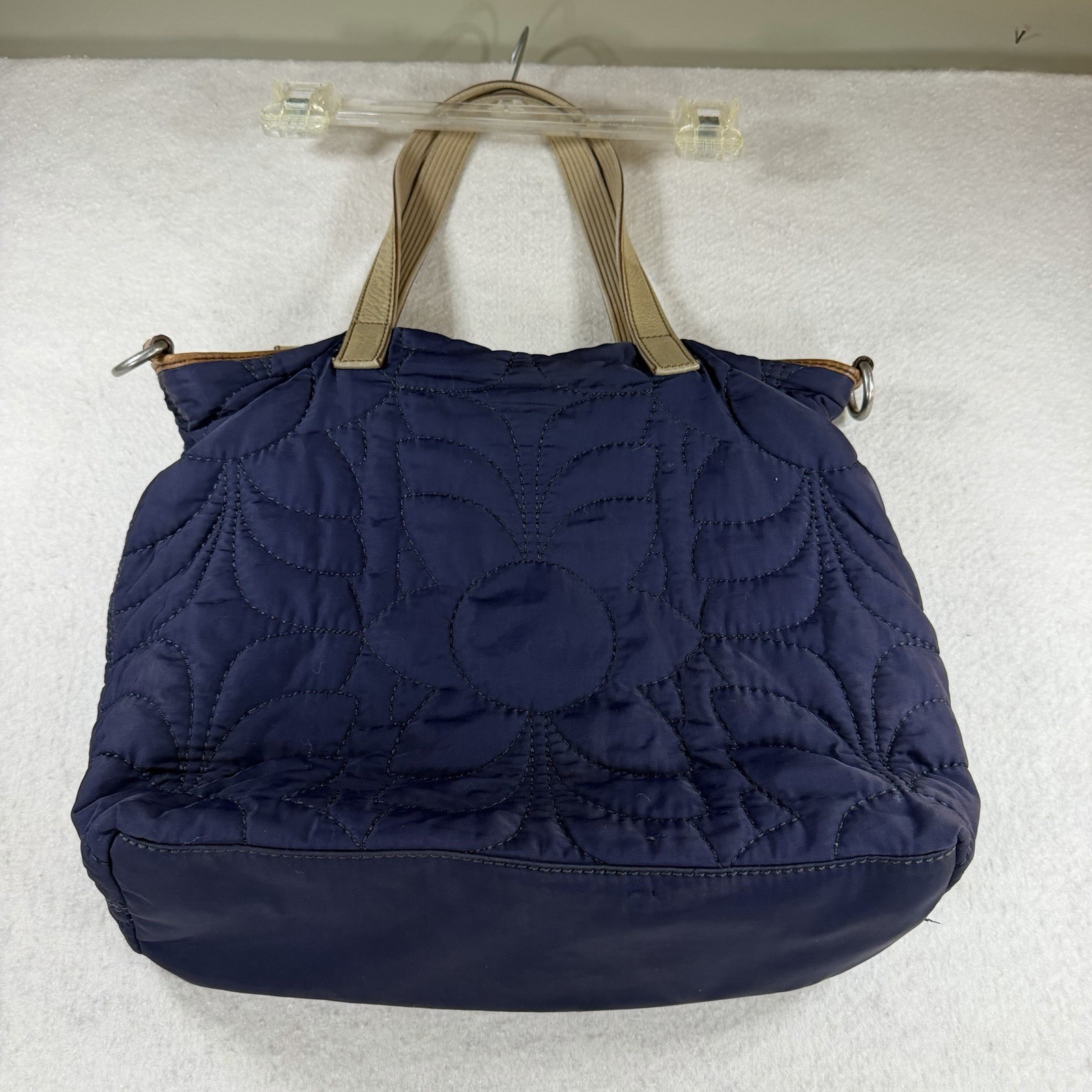 Fossil Key-Per Women’s Navy Tote Bag Purse Leather Cream Straps Quilted Fabric